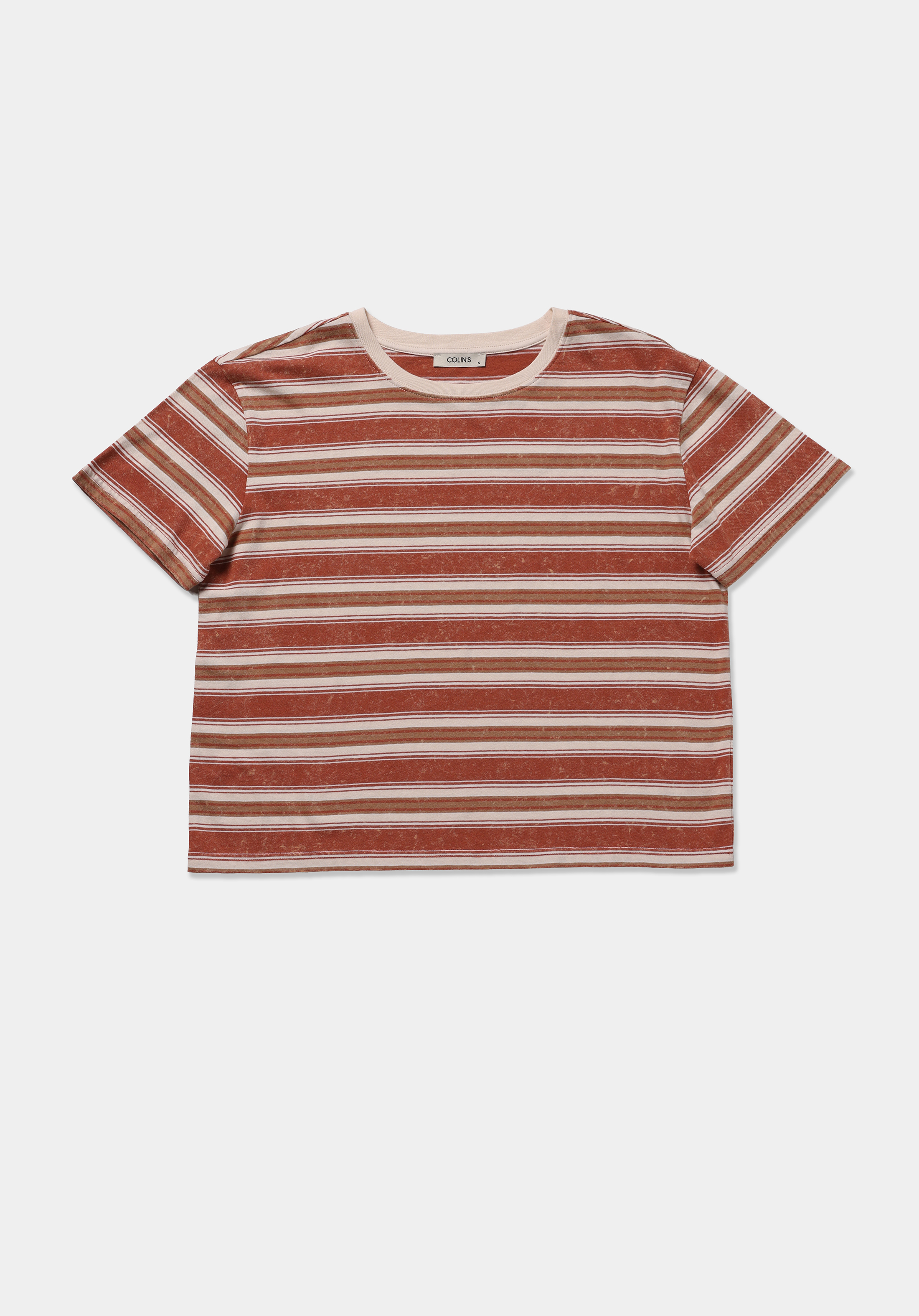 Regular Fit Yuvarlak Yaka Çizgili Kadın Kahverengi Kısa Kol Tişört