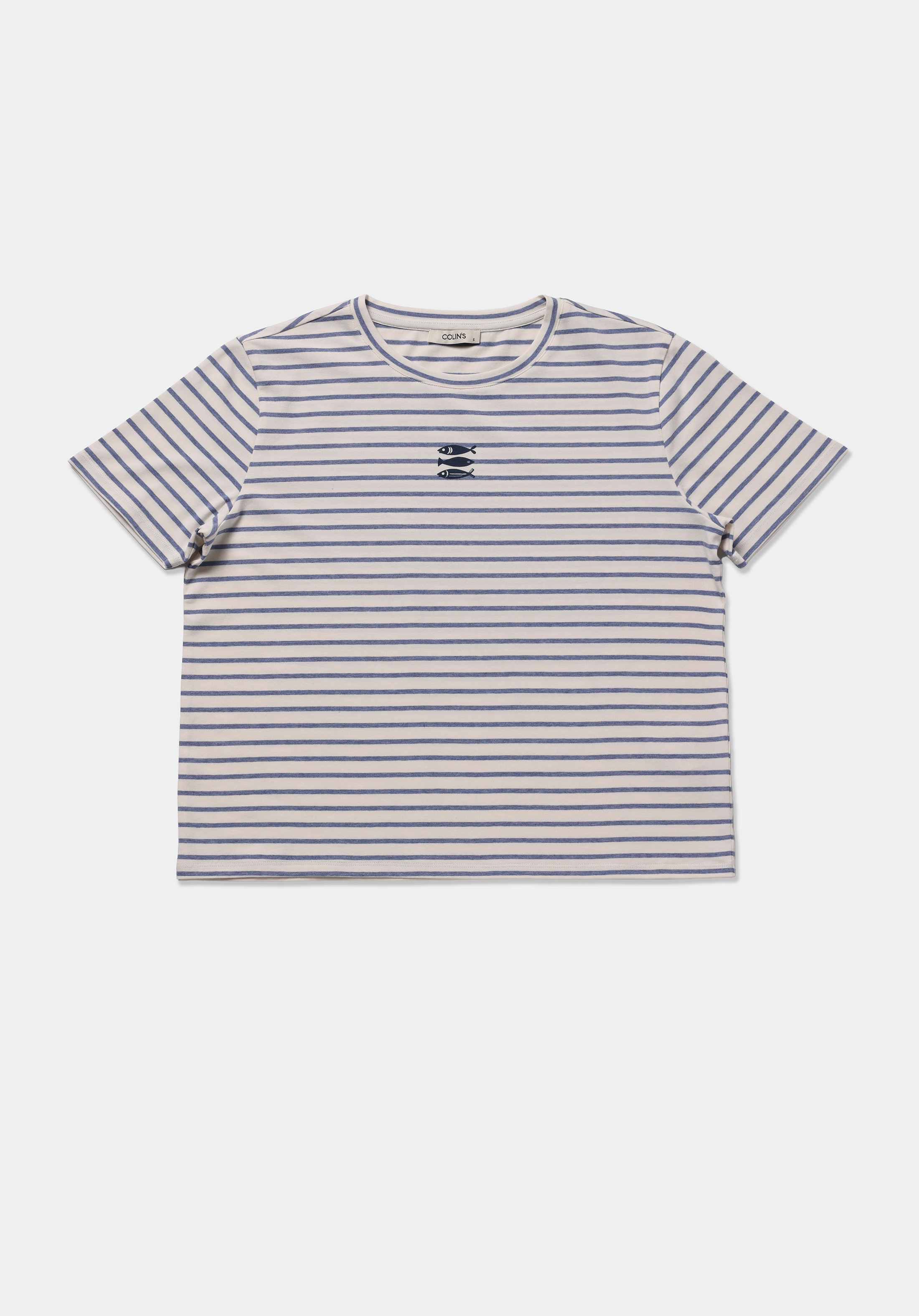 Regular Fit Yuvarlak Yaka Çizgili Kadın Mavi Kısa Kol Tişört
