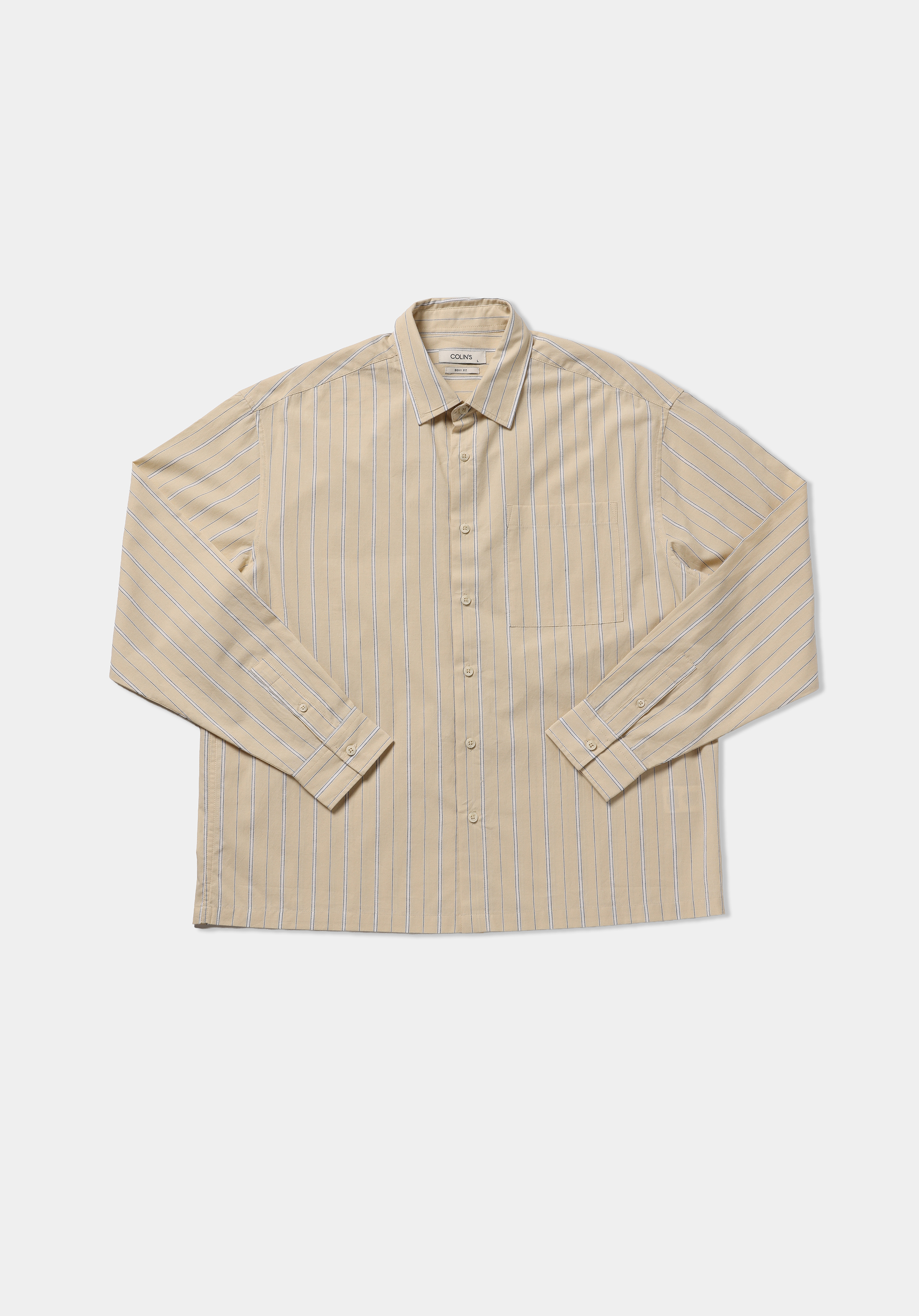 Boxy Fit Shirt Neck Çizgili Erkek Sari Uzun Kol Gömlek