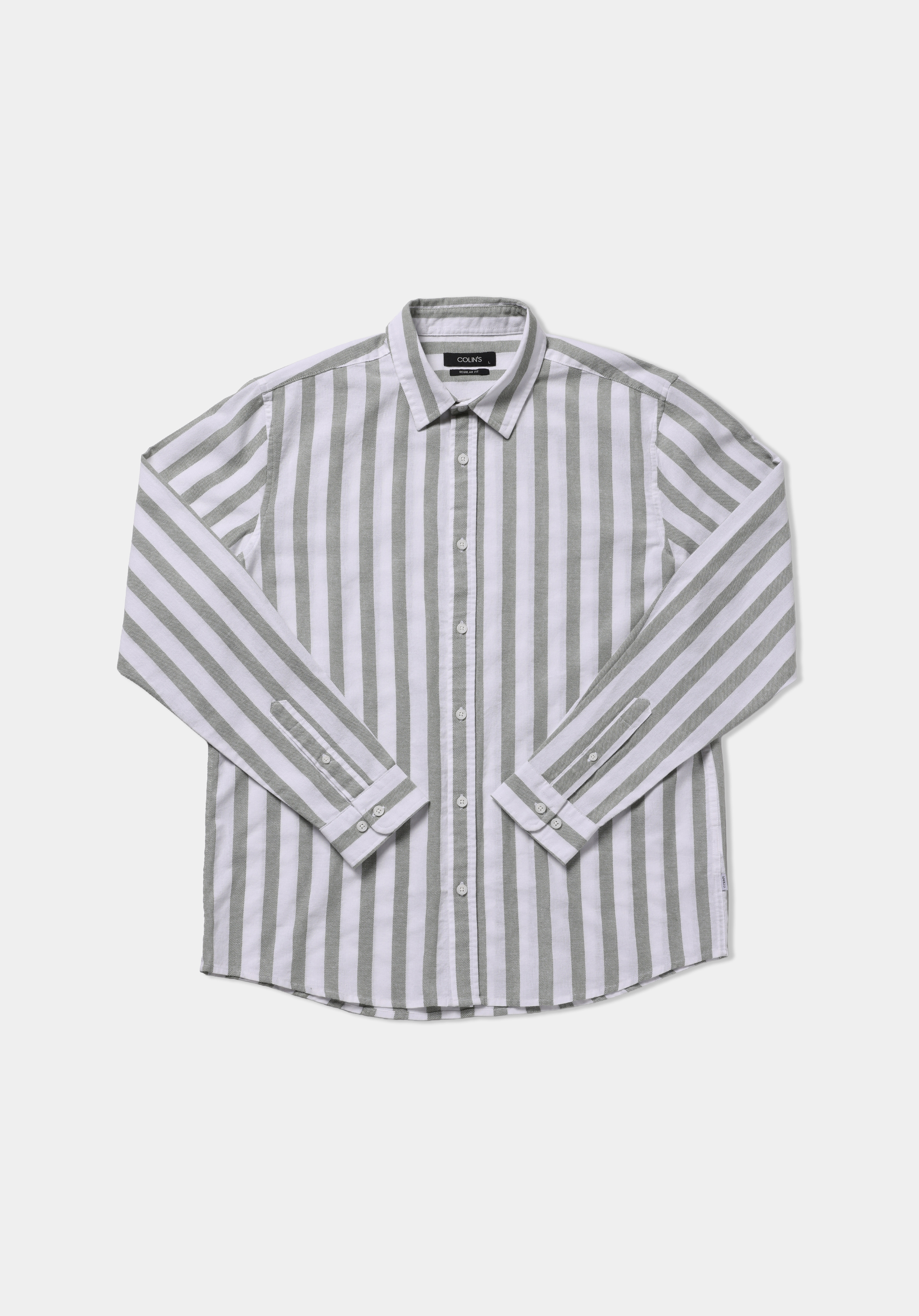 Regular Fit Shirt Neck Çizgili Erkek Yeşil Uzun Kol Gömlek