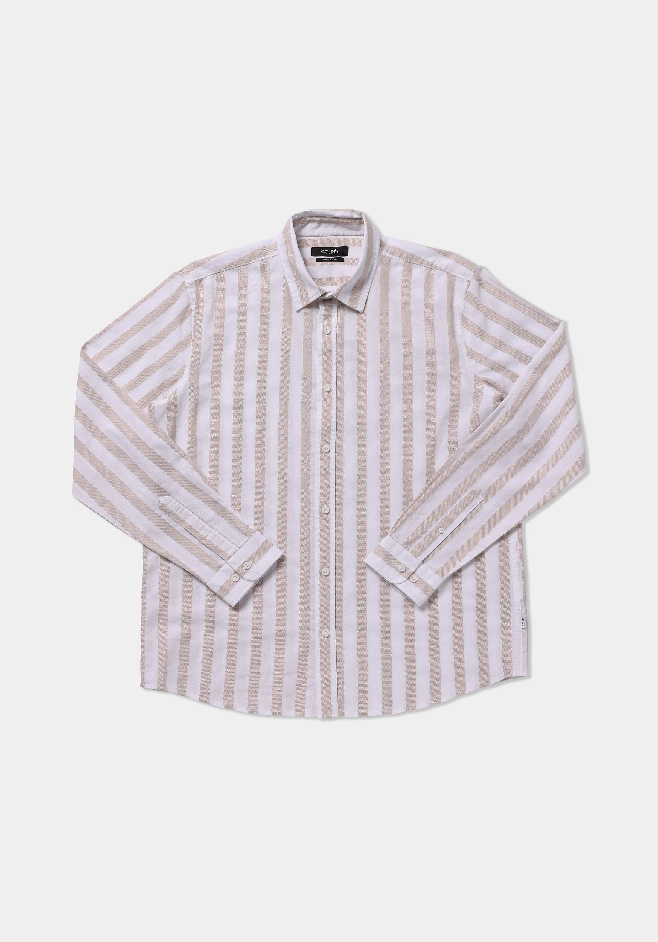 Regular Fit Shirt Neck Çizgili Erkek Bej Uzun Kol Gömlek