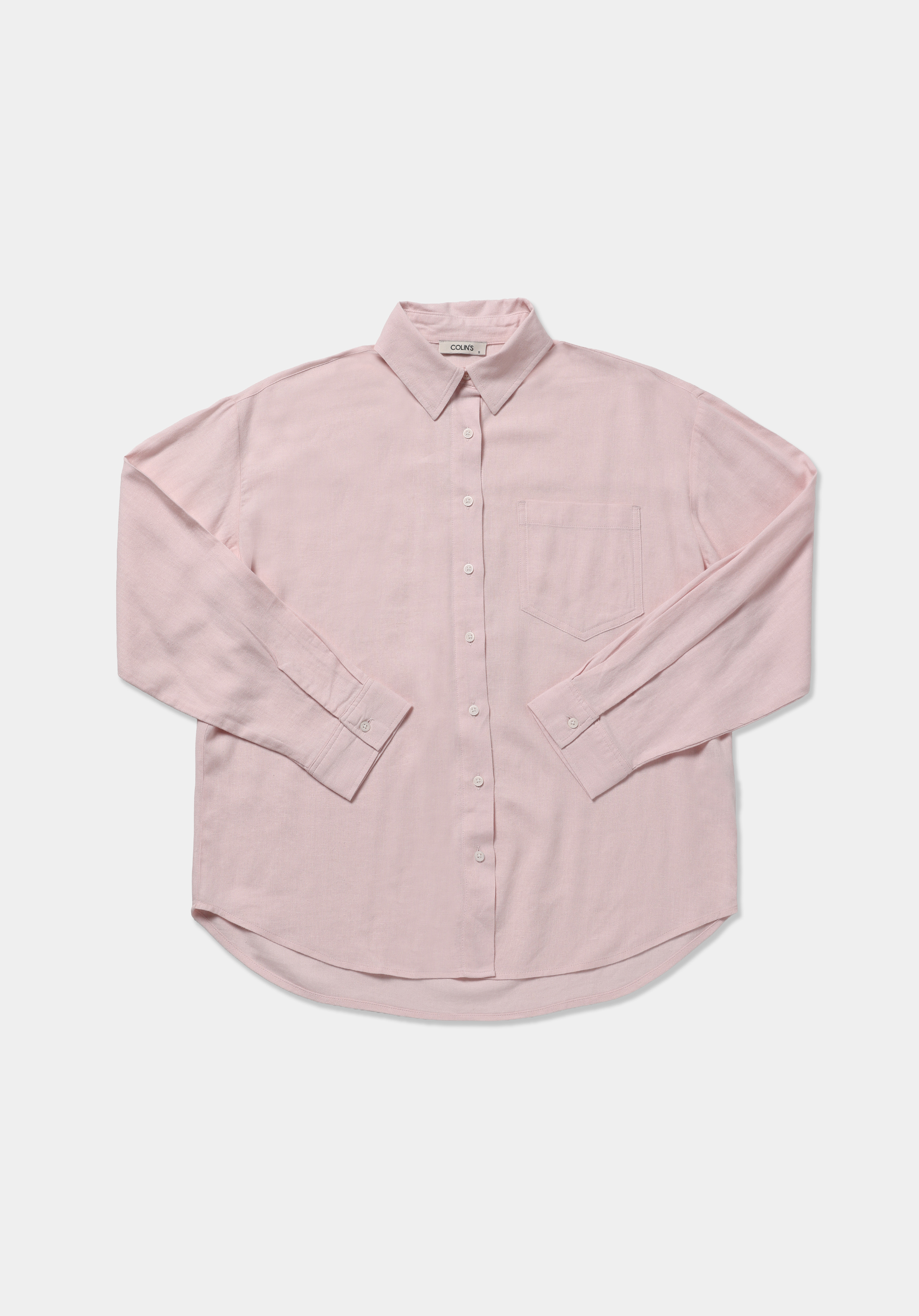 Boyfriend Fit Shirt Neck Düz Kadın Pembe Uzun Kol Gömlek