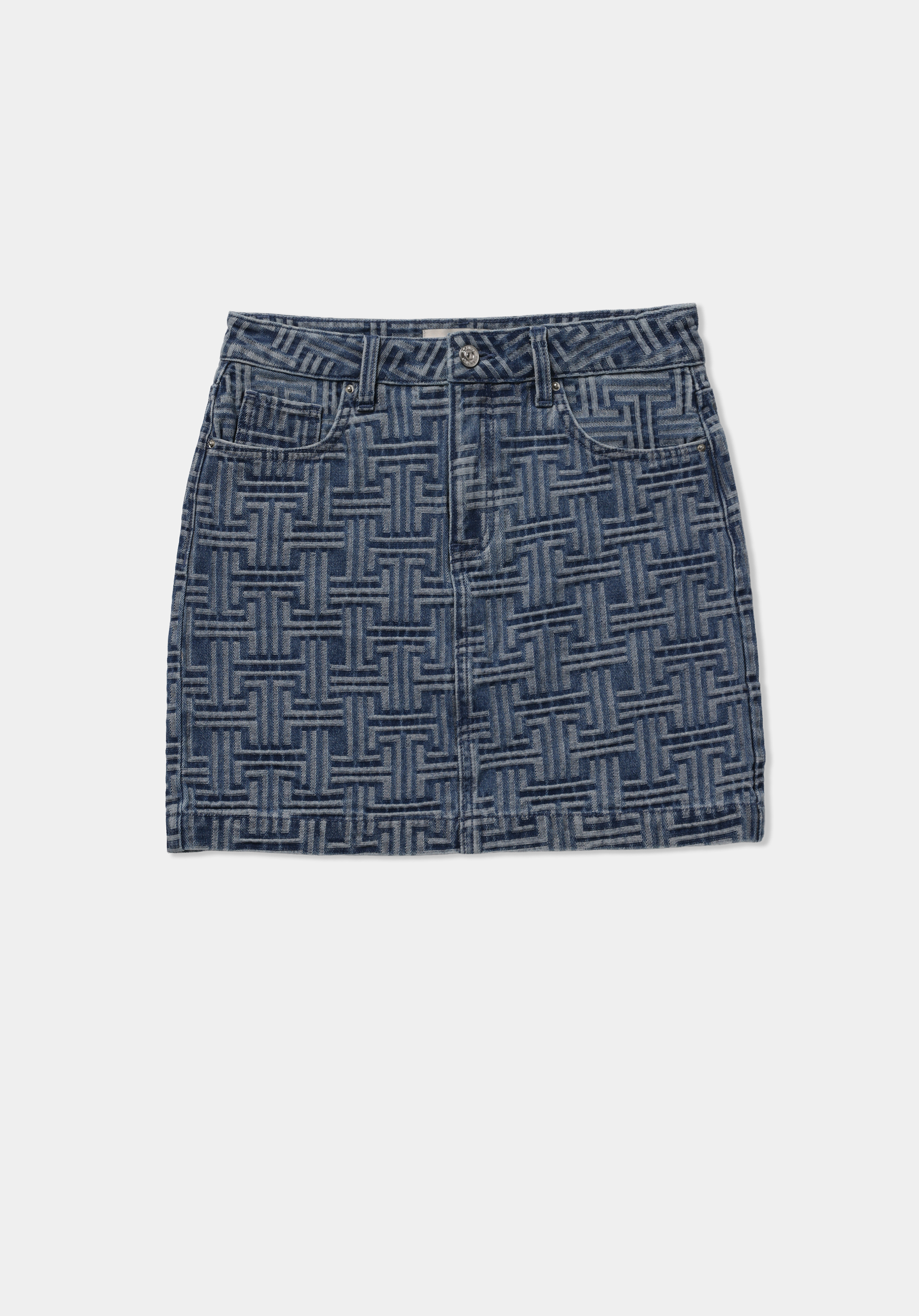 Slim Fit Jakarlı Fermuarlı Kadın Mid İndigo Denim Etek