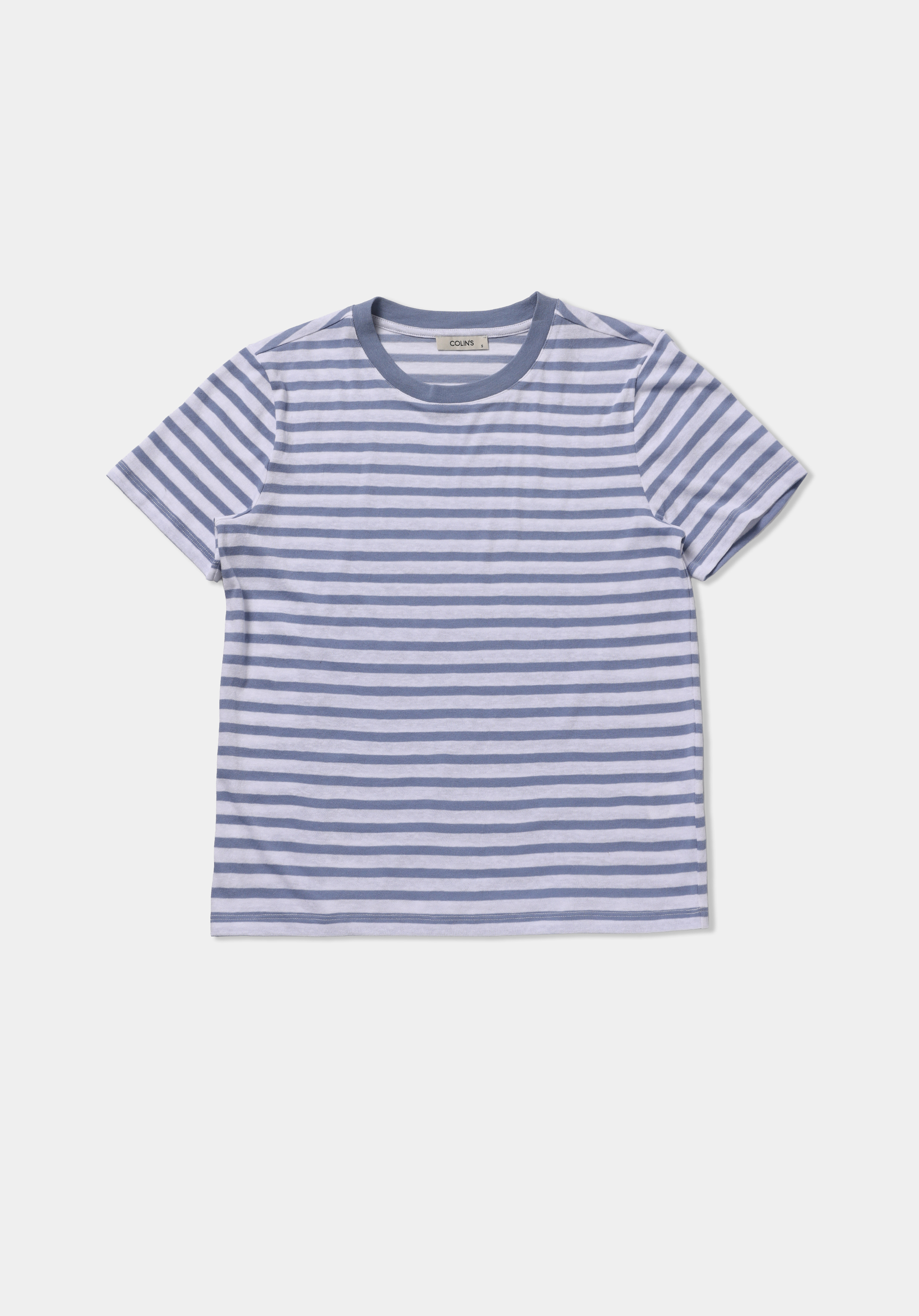 Regular Fit Yuvarlak Yaka Çizgili Kadın Mavi Kısa Kol Tişört