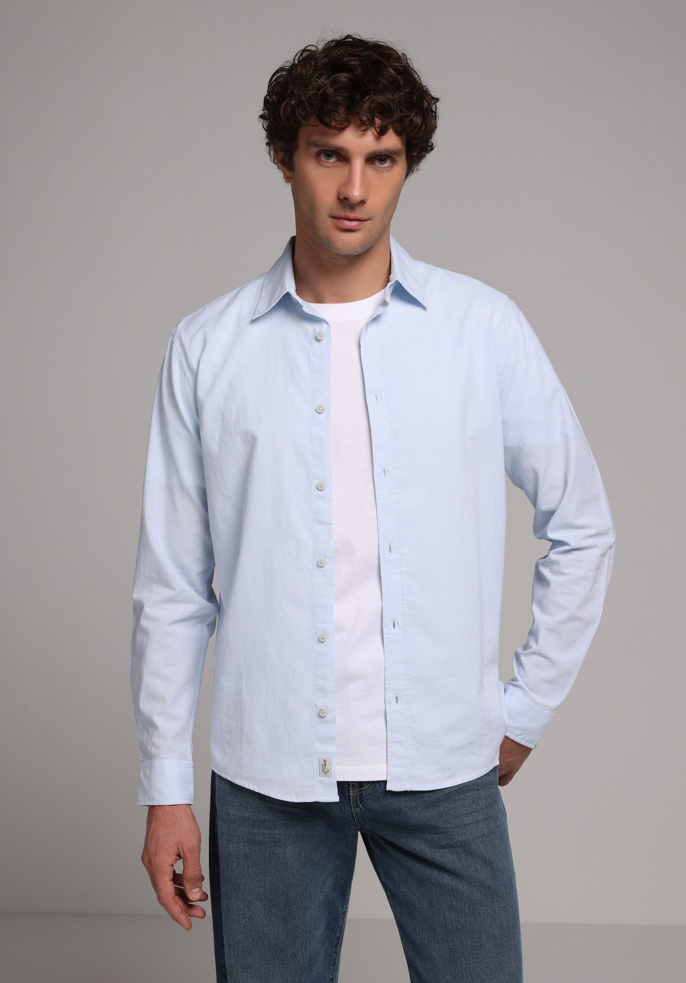 Regular Fit Shirt Neck Düz Erkek Mavi Uzun Kol Gömlek