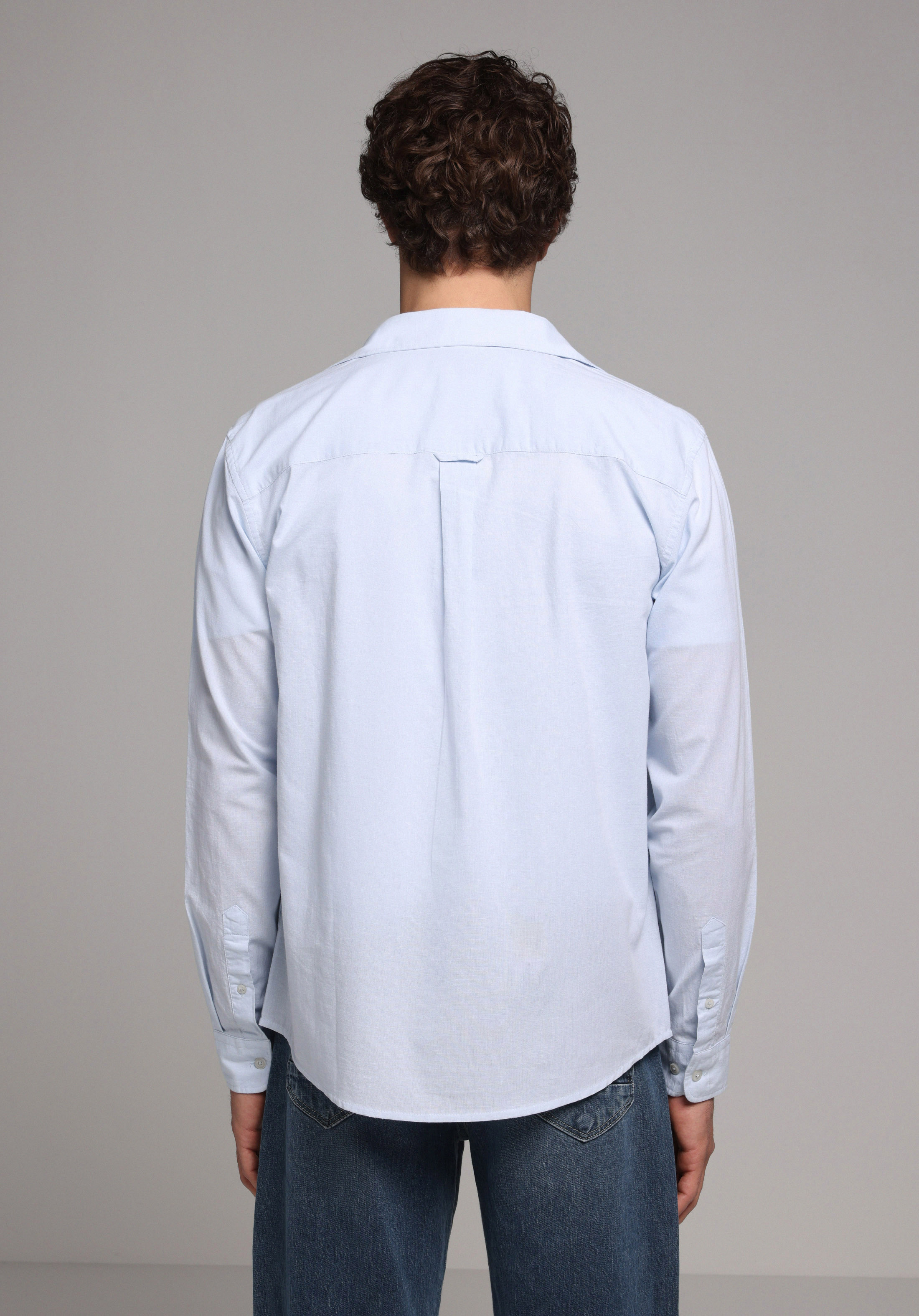 Regular Fit Shirt Neck Düz Erkek Mavi Uzun Kol Gömlek