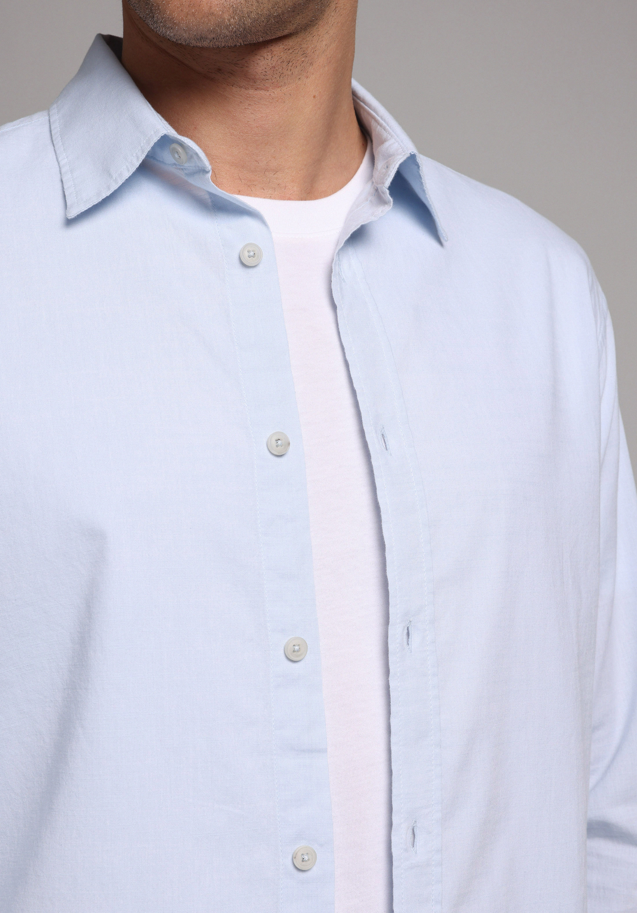 Regular Fit Shirt Neck Düz Erkek Mavi Uzun Kol Gömlek