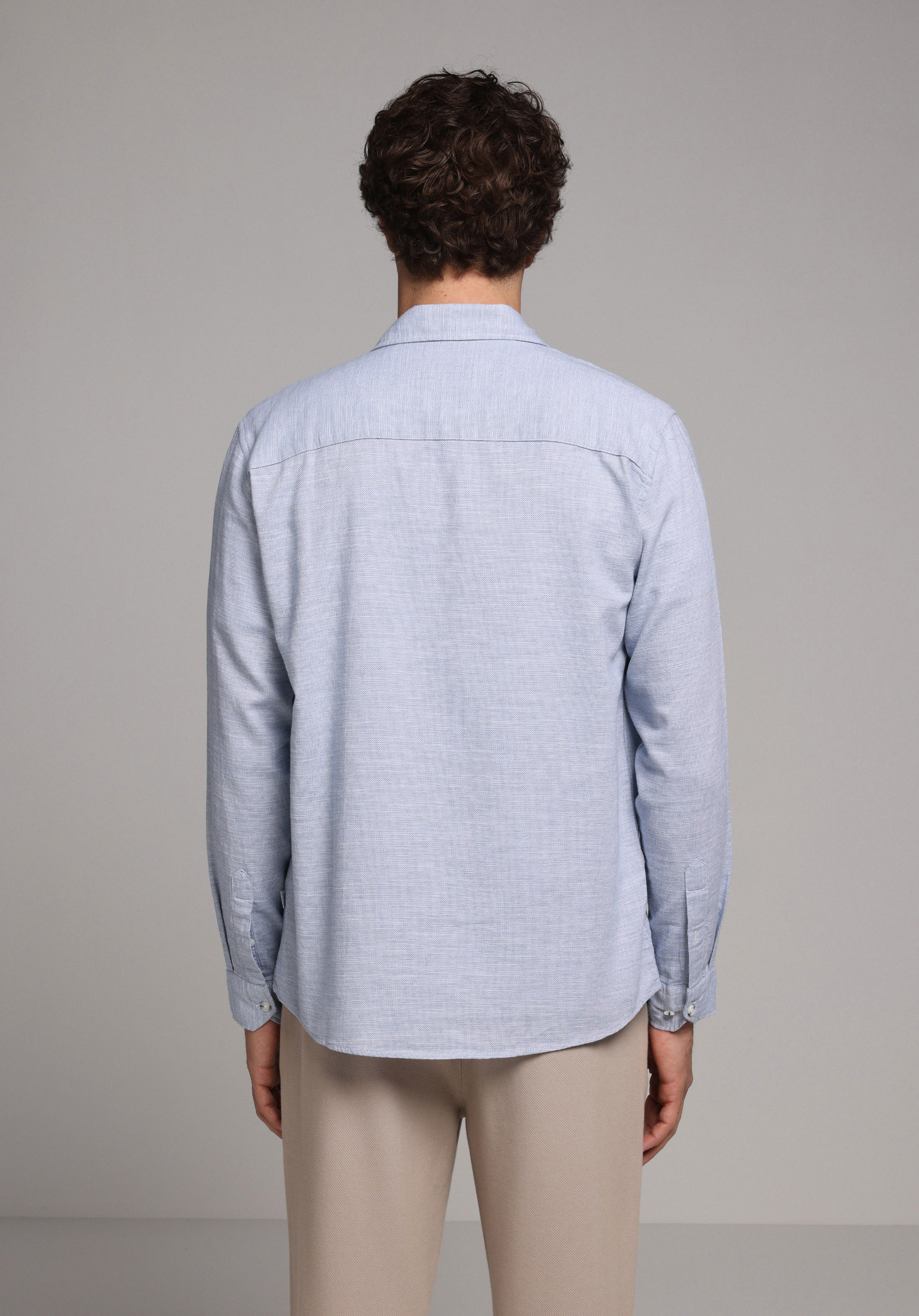 Regular Fit Shirt Neck Düz Erkek Mavi Uzun Kol Gömlek