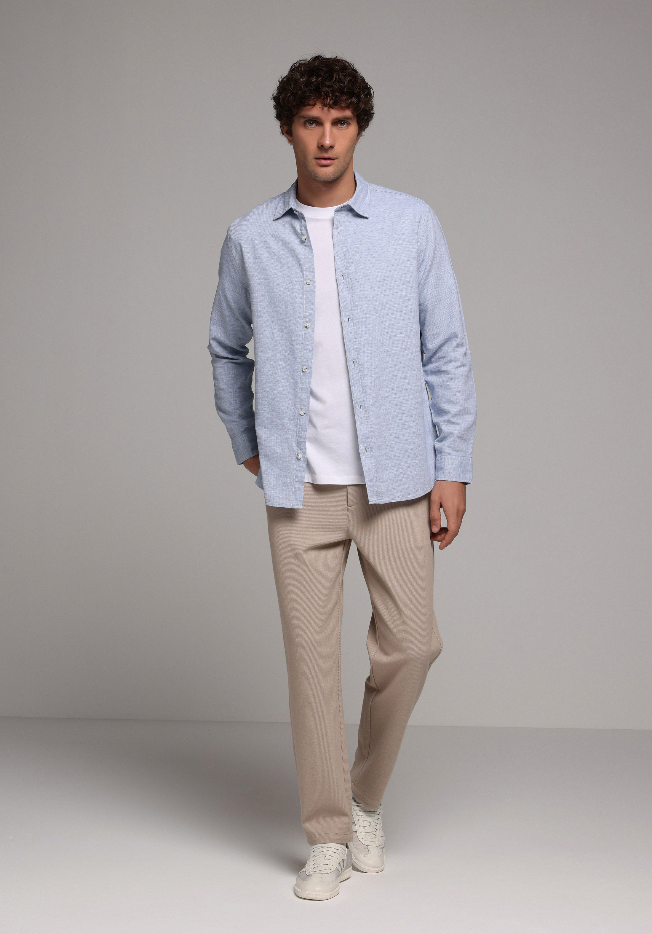 Regular Fit Shirt Neck Düz Erkek Mavi Uzun Kol Gömlek