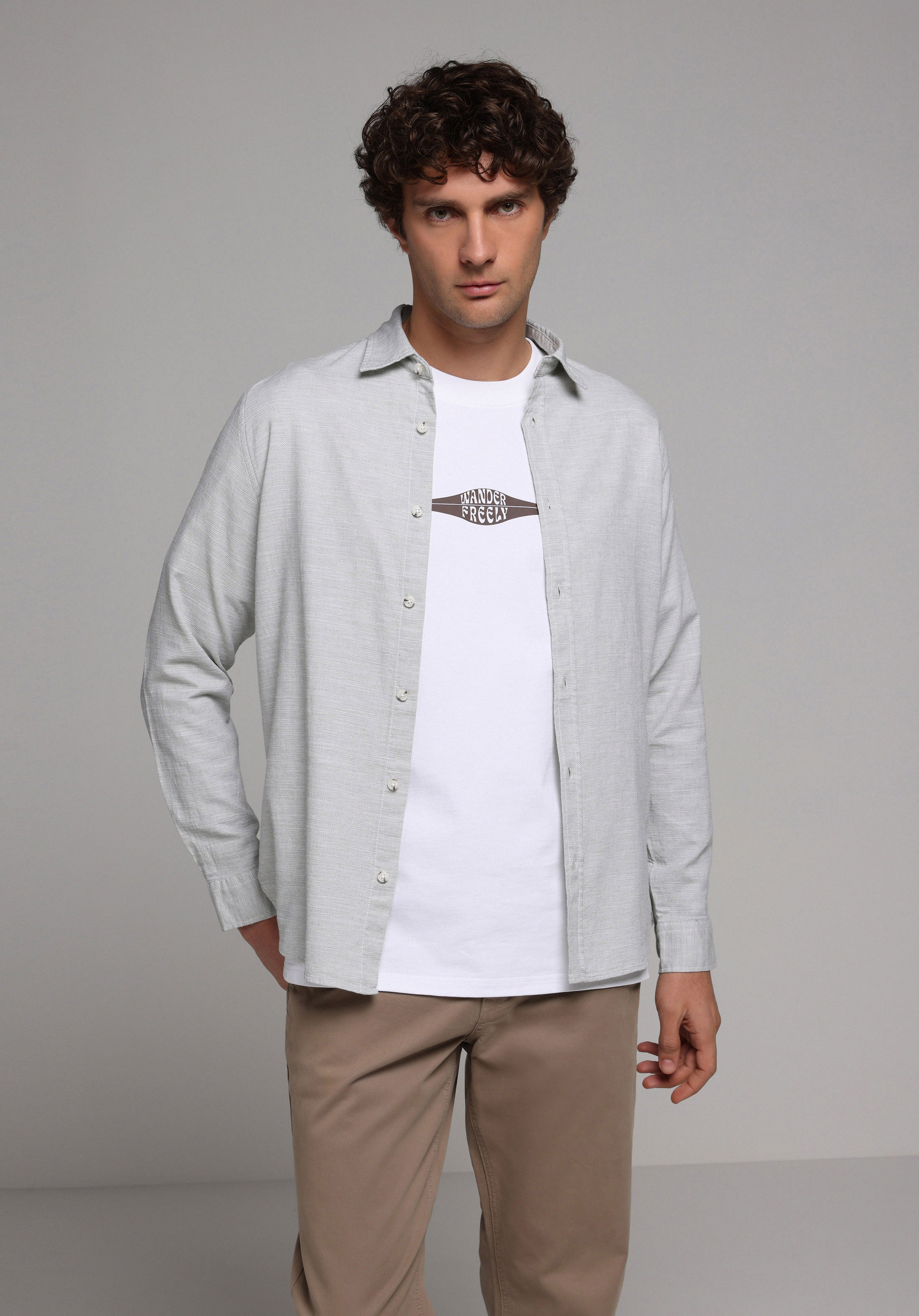 Regular Fit Shirt Neck Düz Erkek Yeşil Uzun Kol Gömlek