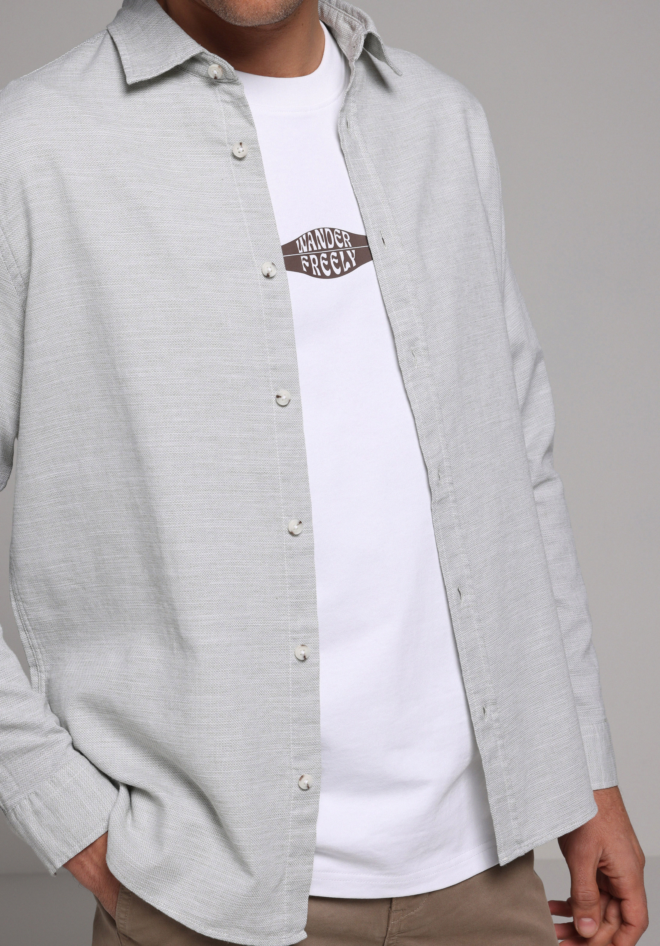 Regular Fit Shirt Neck Düz Erkek Yeşil Uzun Kol Gömlek