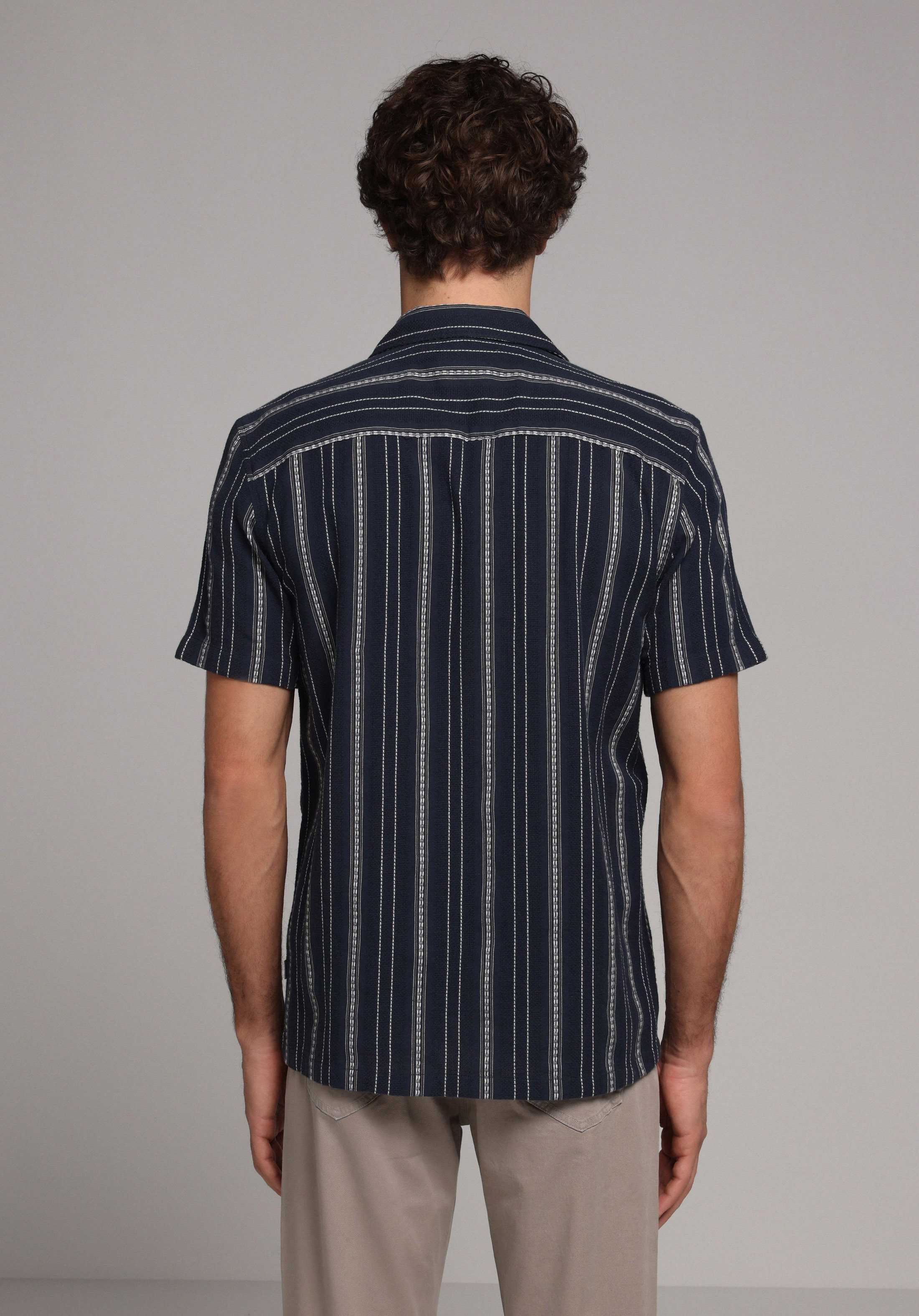 Regular Fit Shirt Neck Çizgili Erkek Lacivert Kısa Kol Gömlek