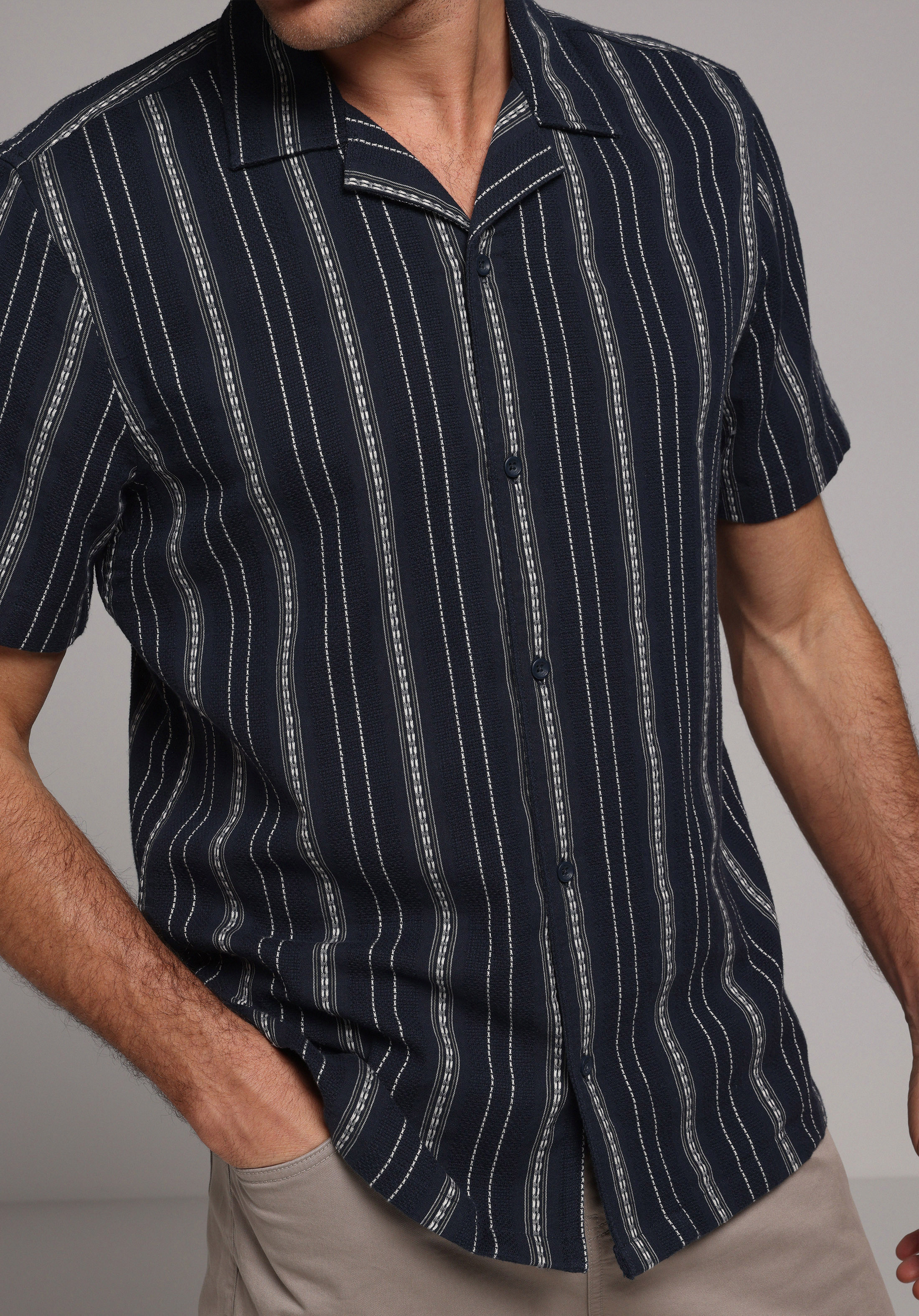 Regular Fit Shirt Neck Çizgili Erkek Lacivert Kısa Kol Gömlek