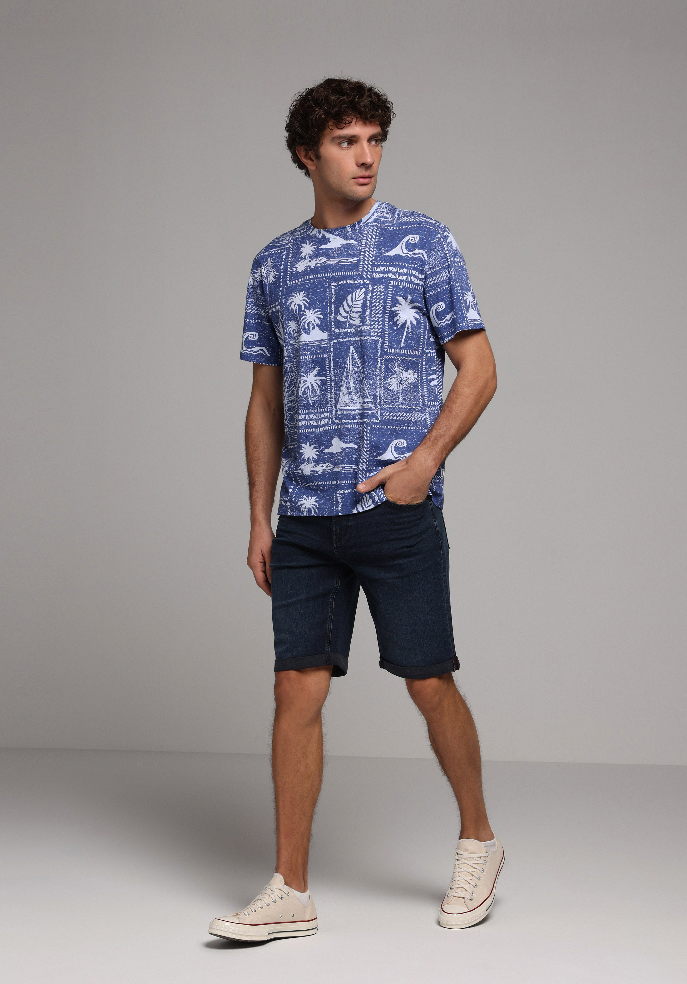 Comfort Fit Yuvarlak Yaka Baskılı Erkek Mavi Kısa Kol Tişört