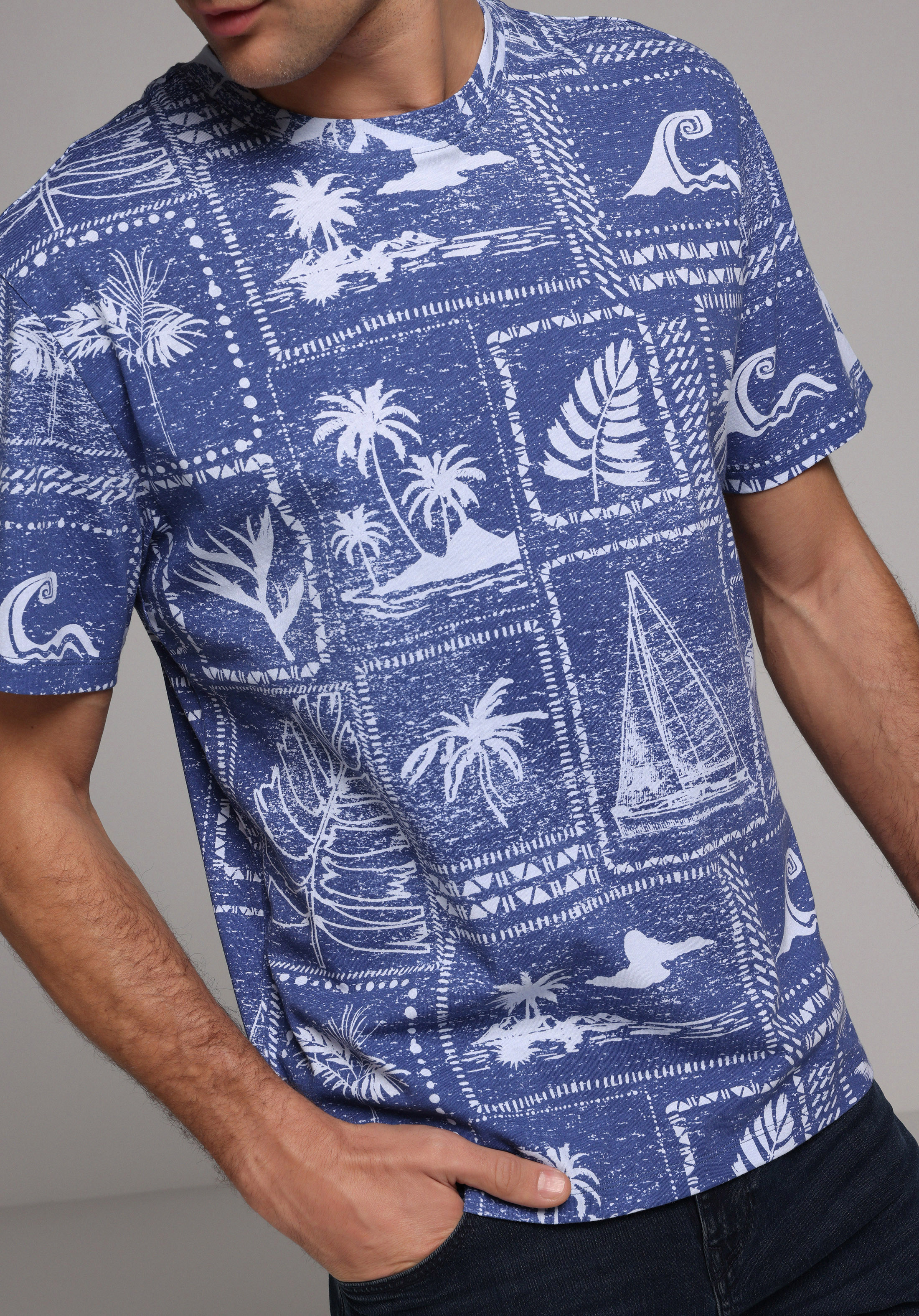 Comfort Fit Yuvarlak Yaka Baskılı Erkek Mavi Kısa Kol Tişört