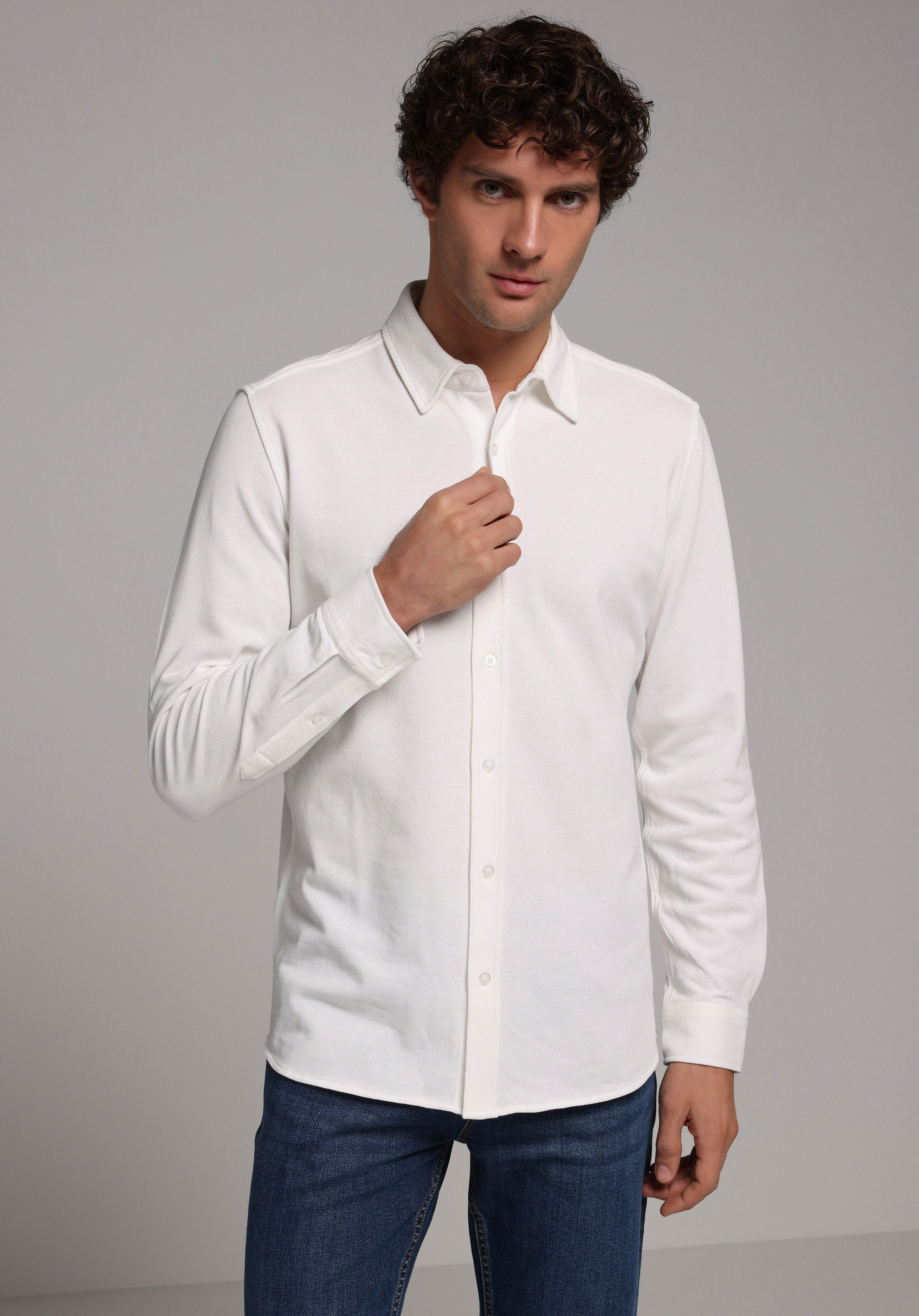 Regular Fit Shirt Neck Düz Erkek Beyaz Uzun Kol Gömlek