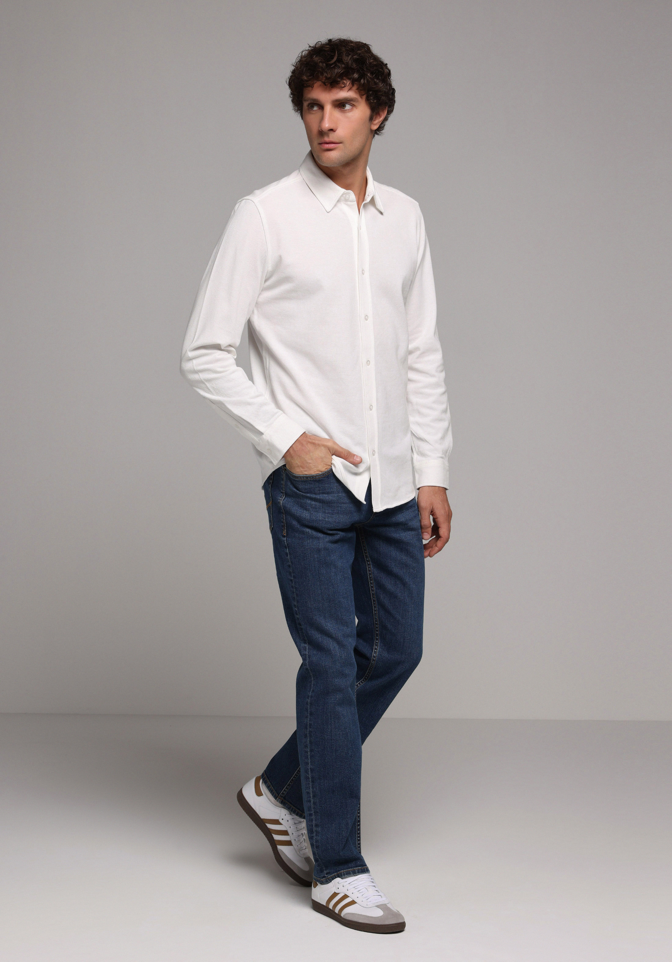 Regular Fit Shirt Neck Düz Erkek Beyaz Uzun Kol Gömlek