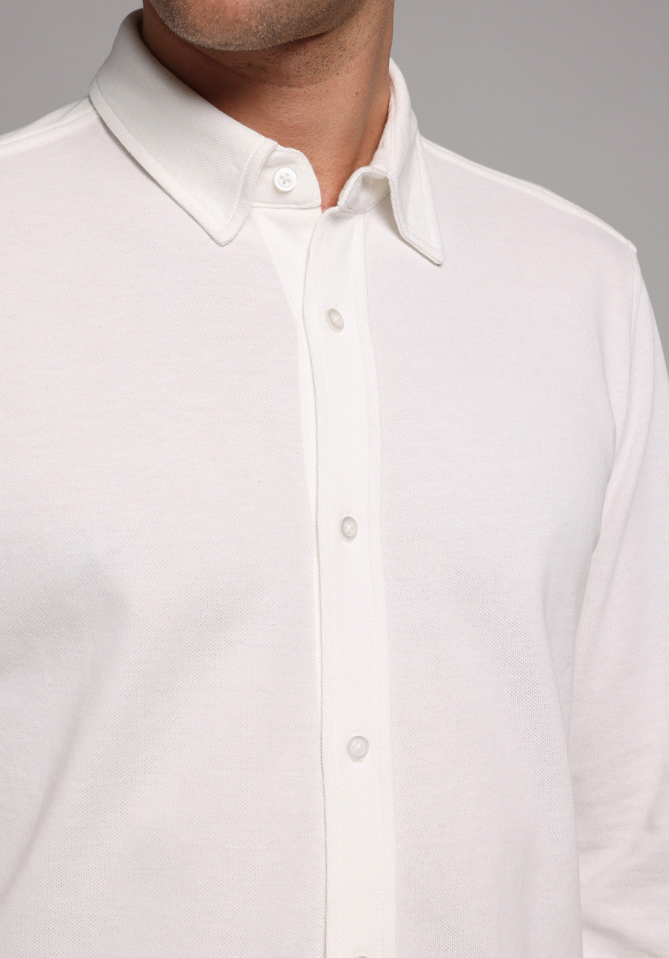 Regular Fit Shirt Neck Düz Erkek Beyaz Uzun Kol Gömlek