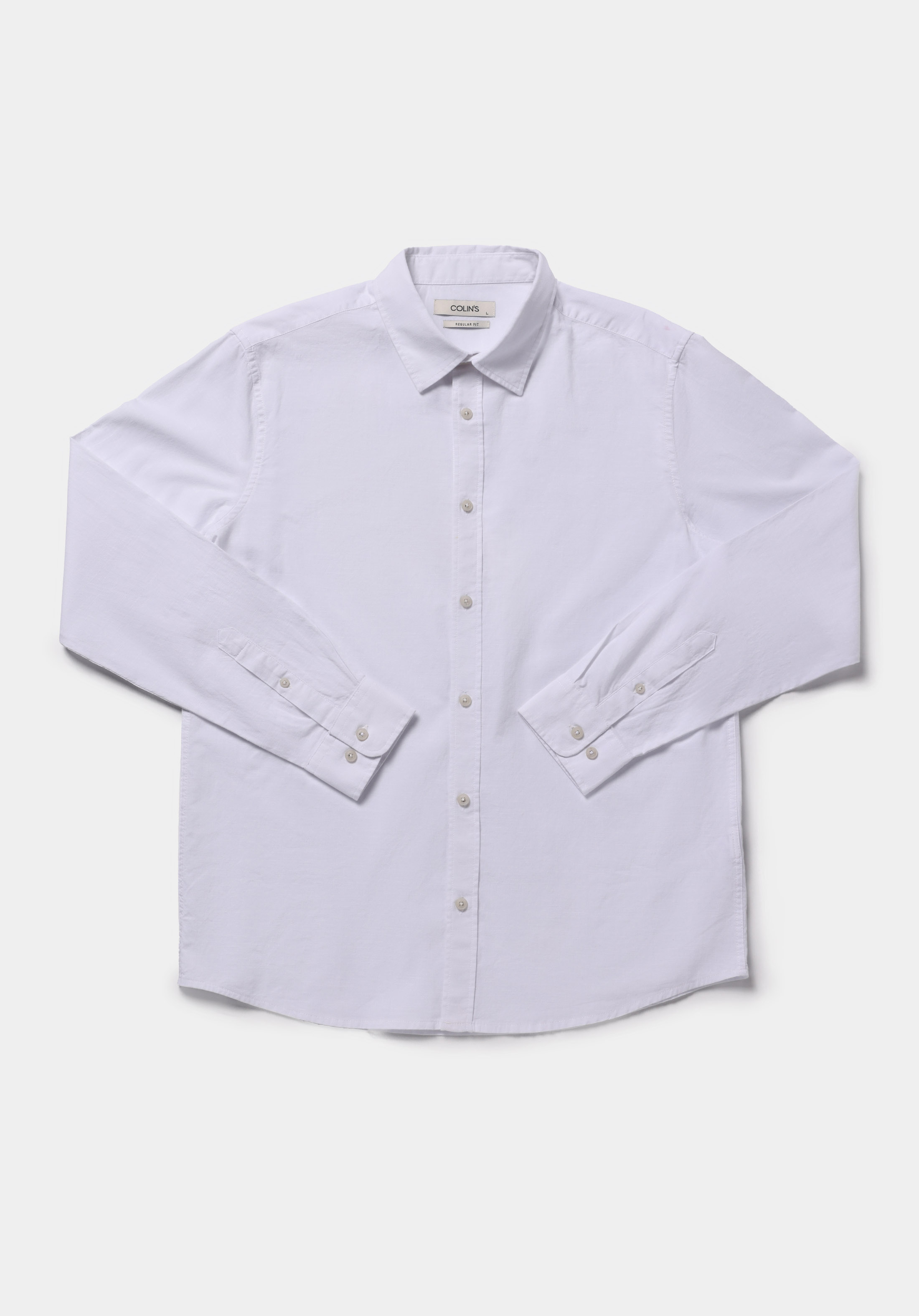 Regular Fit Shirt Neck Cepsiz Düz Erkek Beyaz Uzun Kol Gömlek