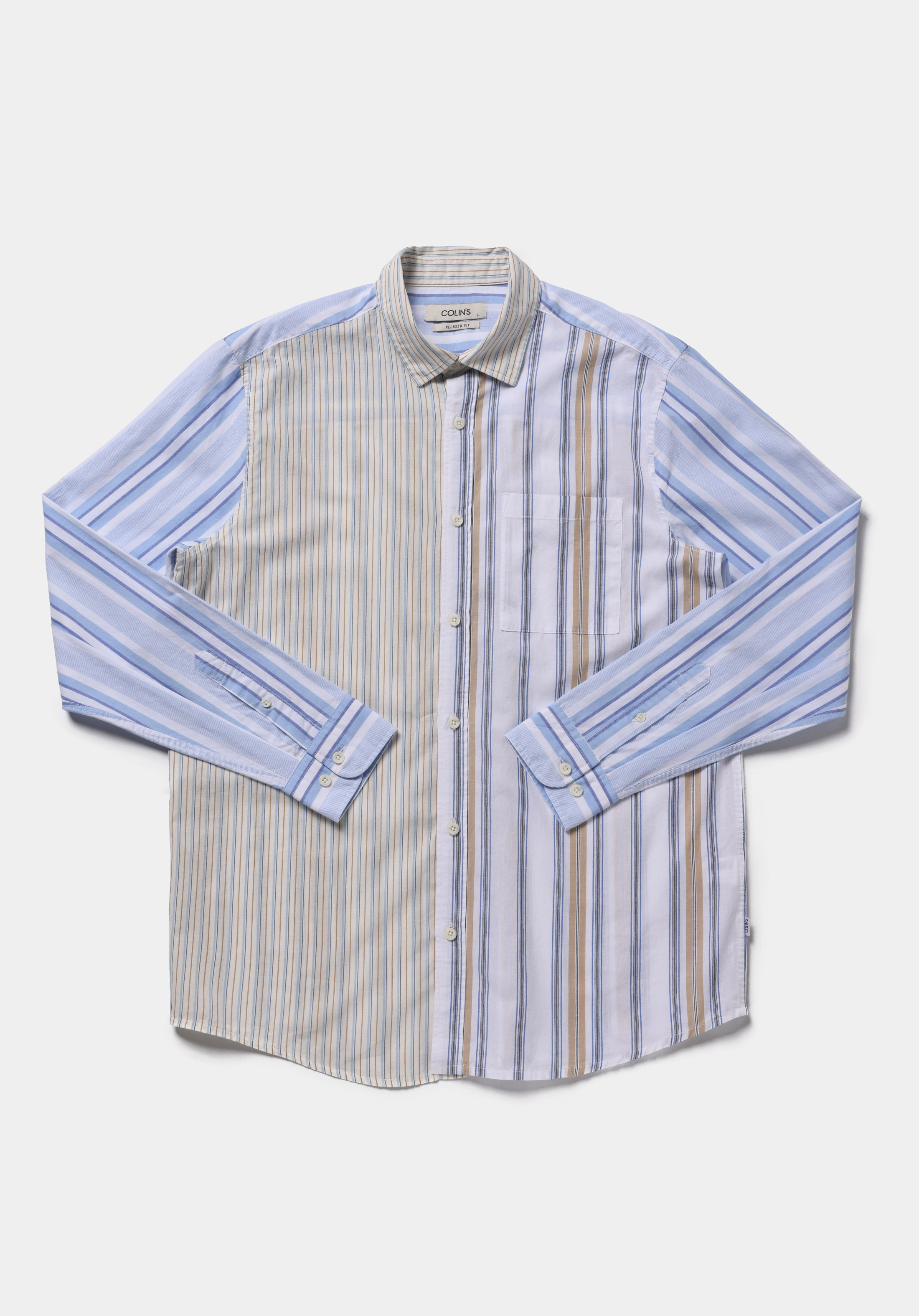 Relaxed Fit Shirt Neck Çizgili Erkek Çok Renkli Uzun Kol Gömlek