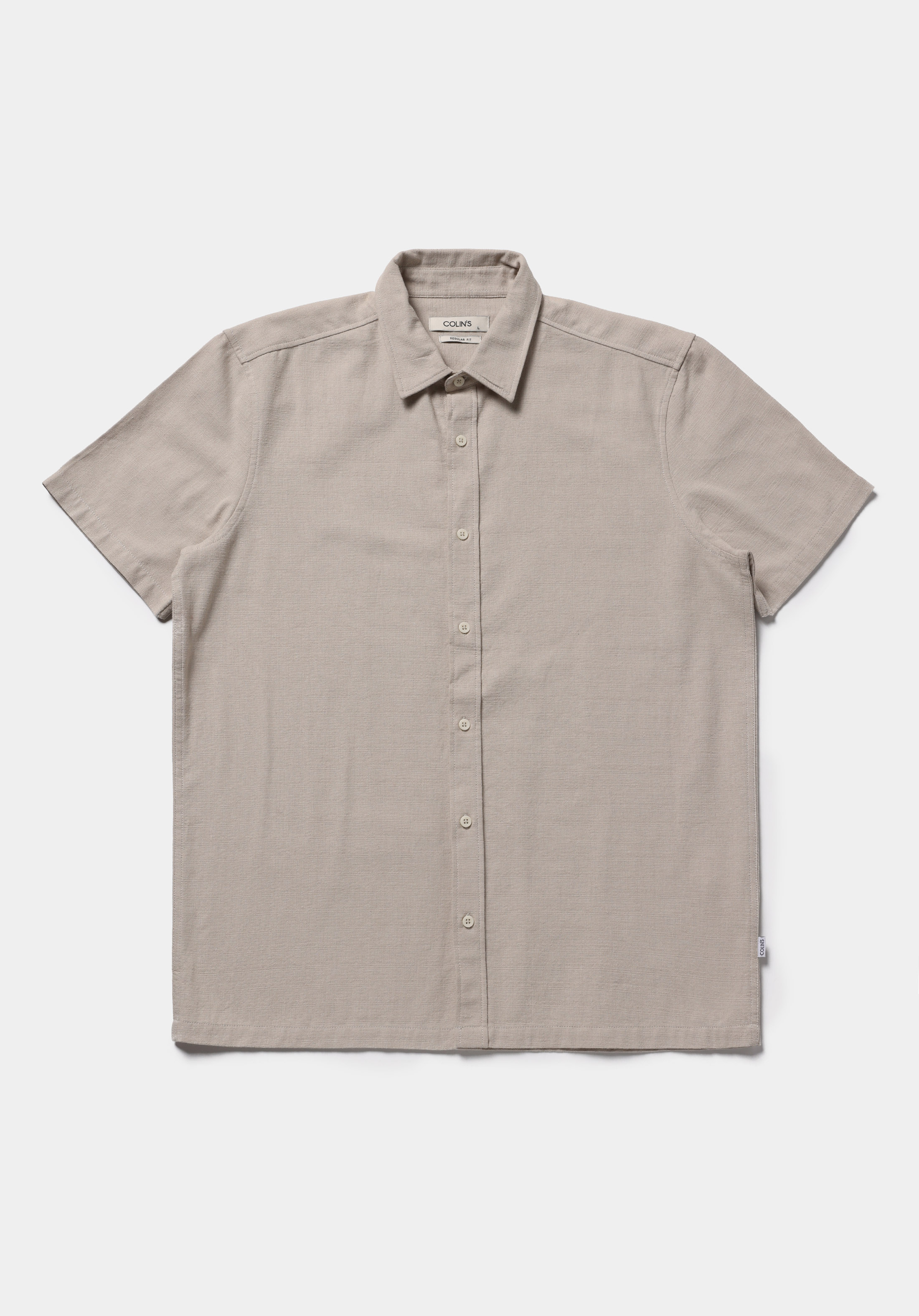 Regular Fit Shirt Neck Düz Erkek Bej Kısa Kol Gömlek