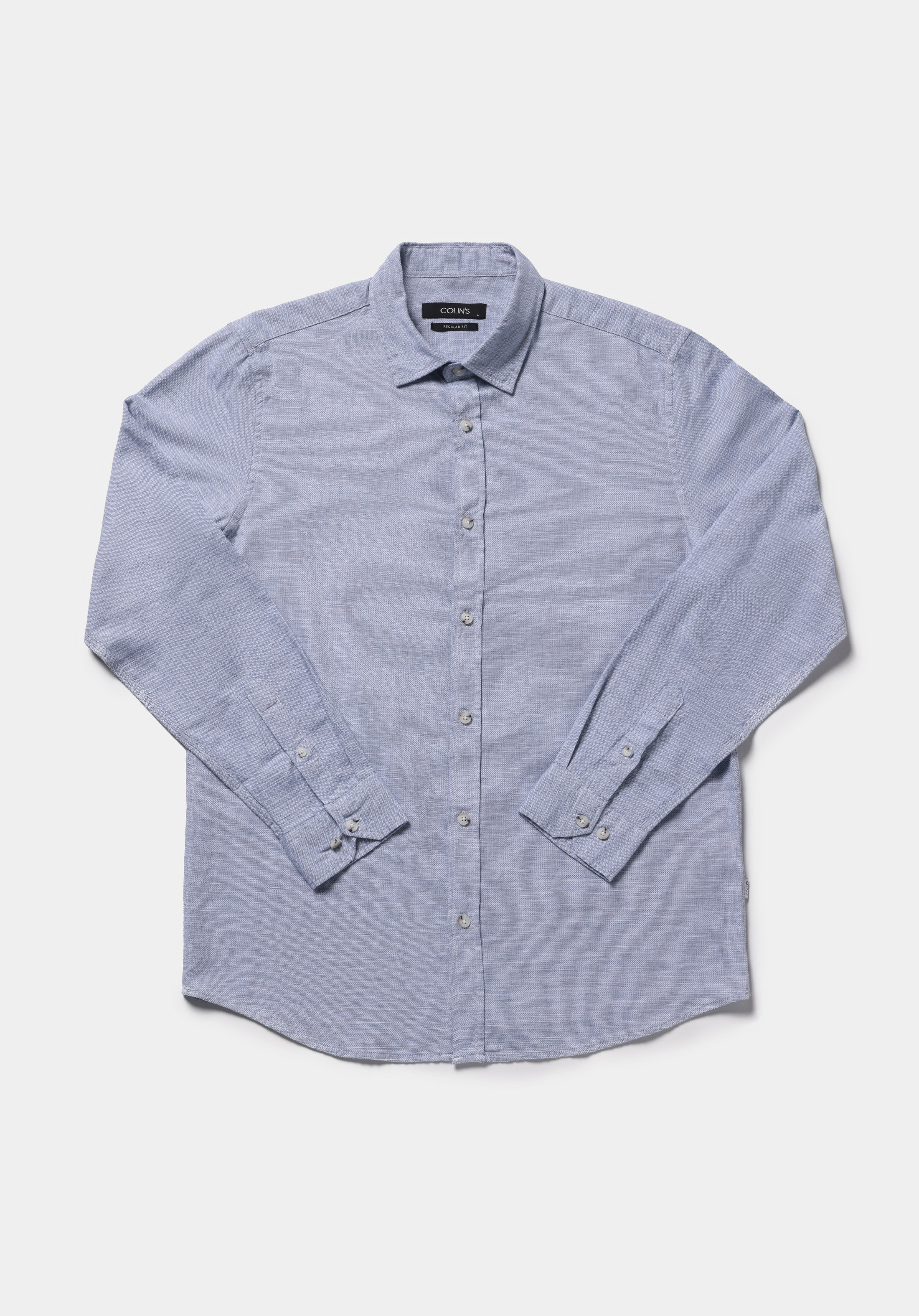 Regular Fit Shirt Neck Düz Erkek Mavi Uzun Kol Gömlek