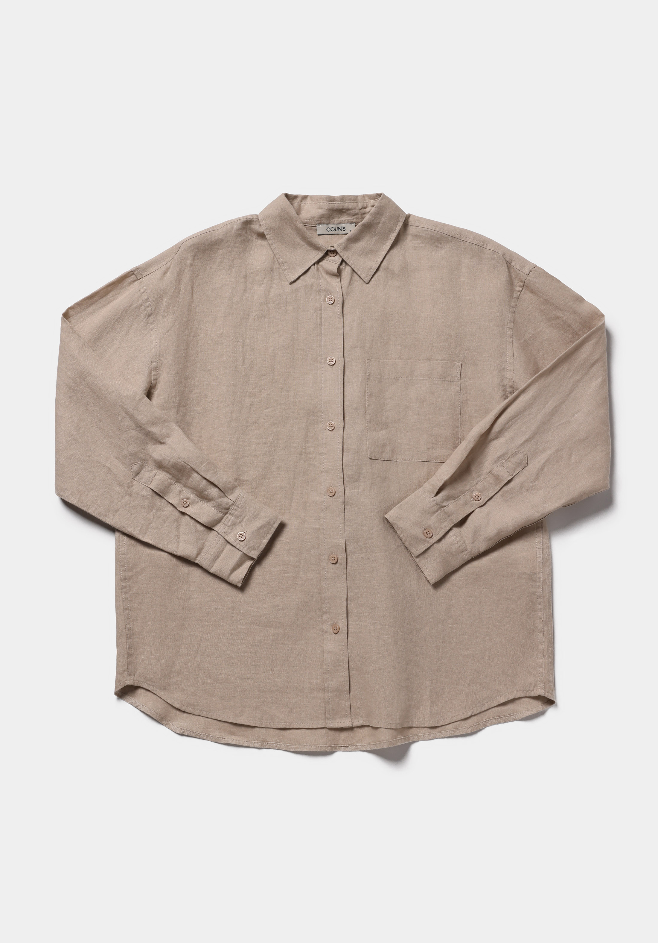 Boyfriend Fit Shirt Neck Düz Kadın Bej Uzun Kol Gömlek