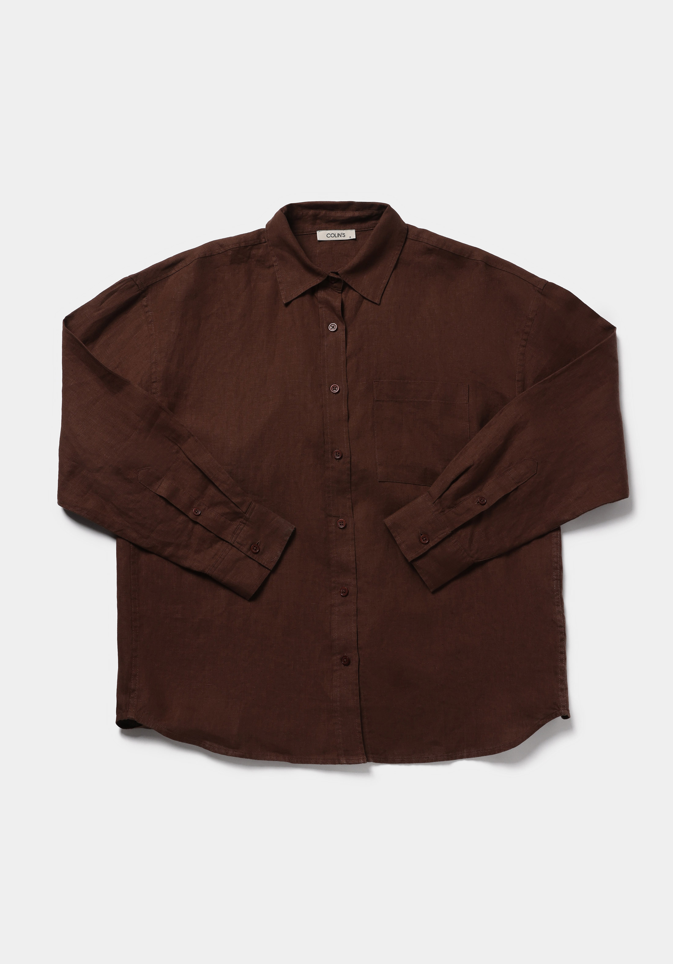 Boyfriend Fit Shirt Neck Düz Kadın Kahverengi Uzun Kol Gömlek