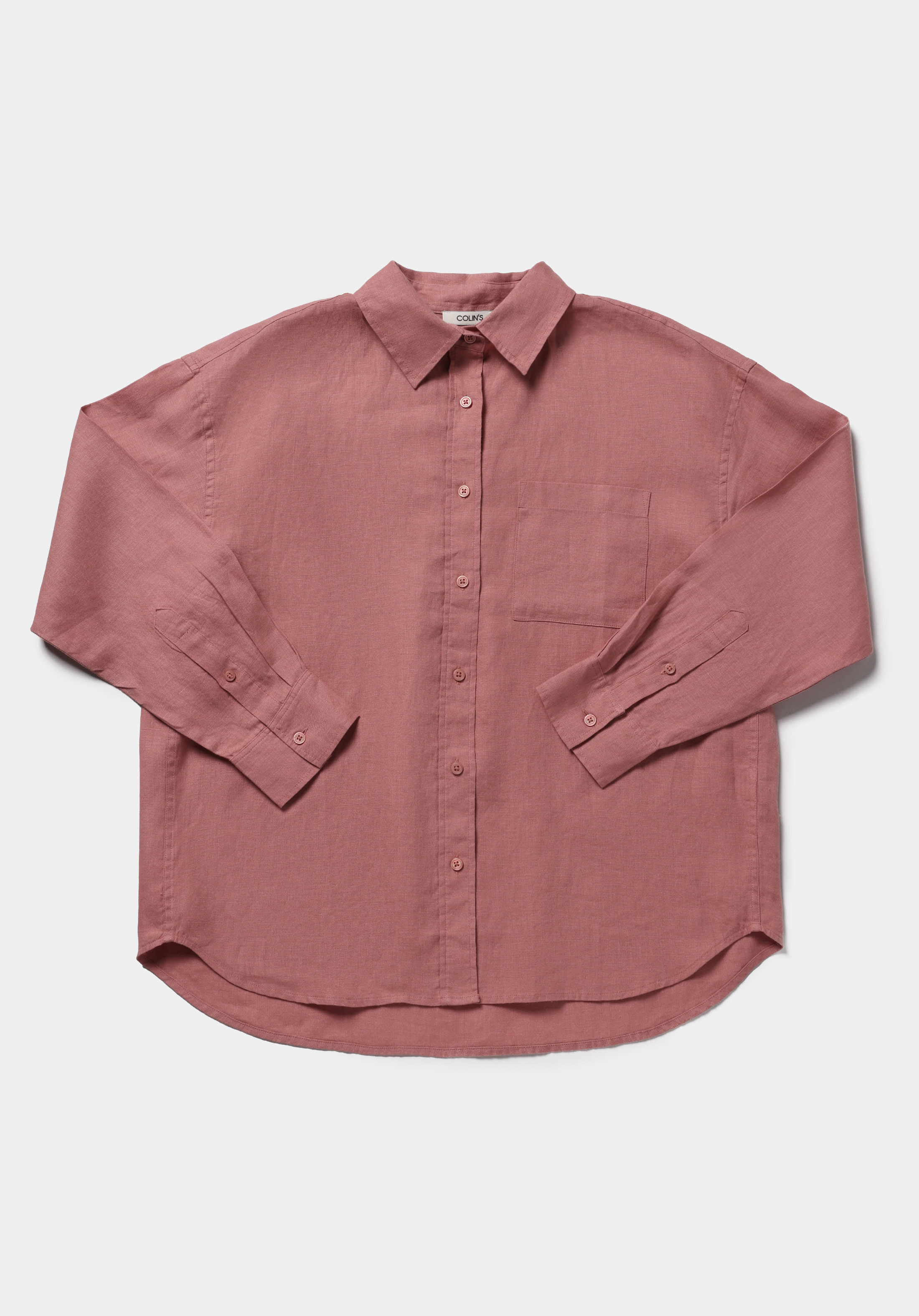 Boyfriend Fit Shirt Neck Düz Kadın Salmon Uzun Kol Gömlek