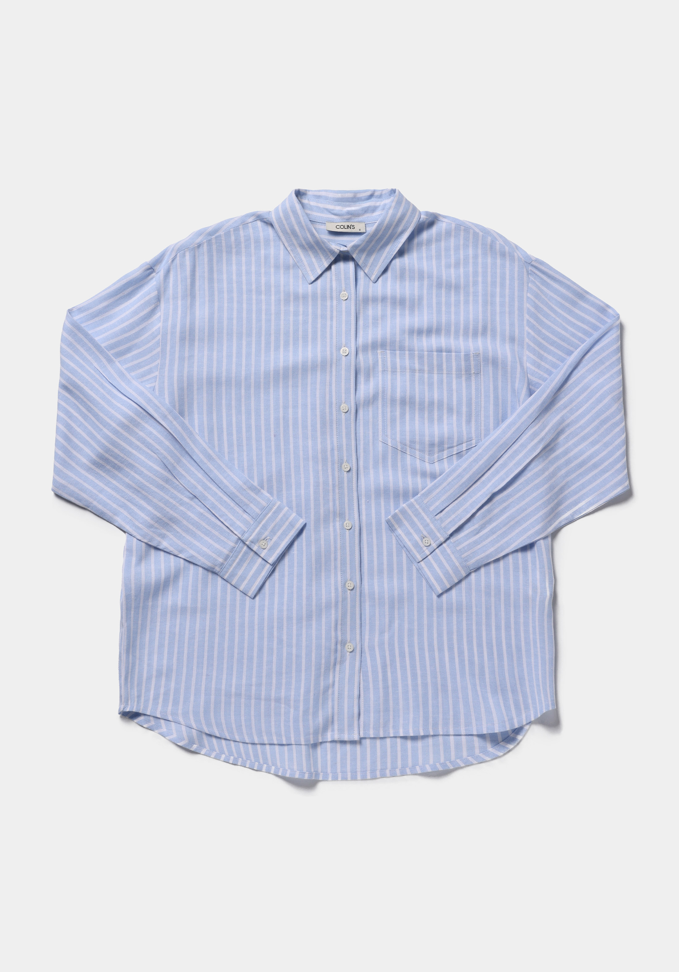 Boyfriend Fit Shirt Neck Çizgili Kadın Mavi Uzun Kol Gömlek