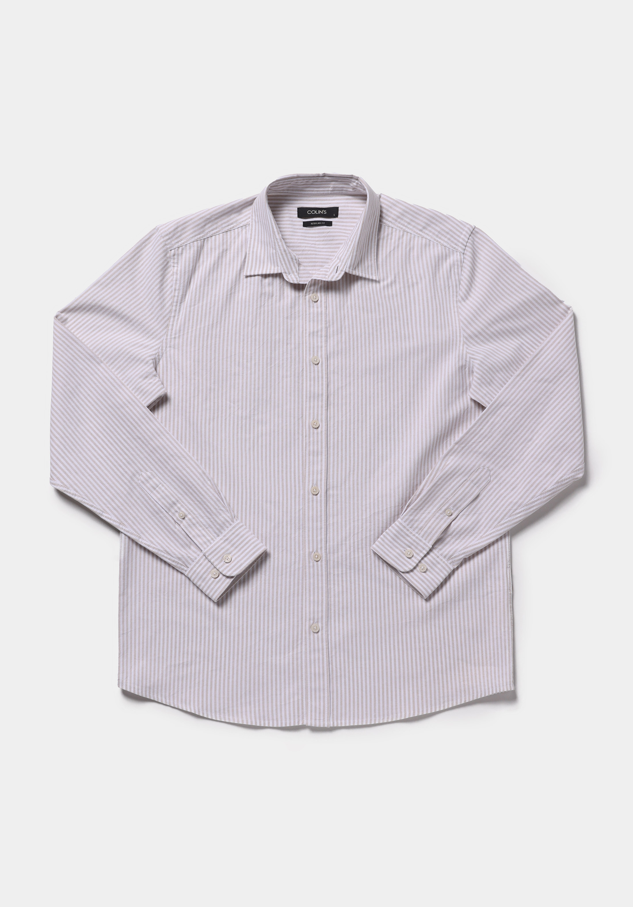 Regular Fit Shirt Neck Çizgili Erkek Bej Uzun Kol Gömlek