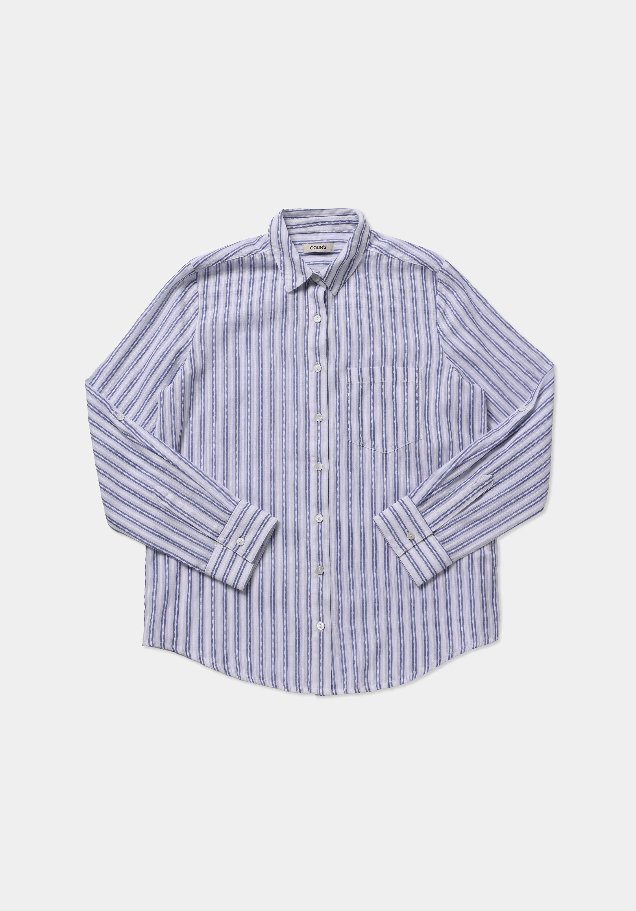 Regular Fit Shirt Neck Çizgili Kadın Mavi Uzun Kol Gömlek