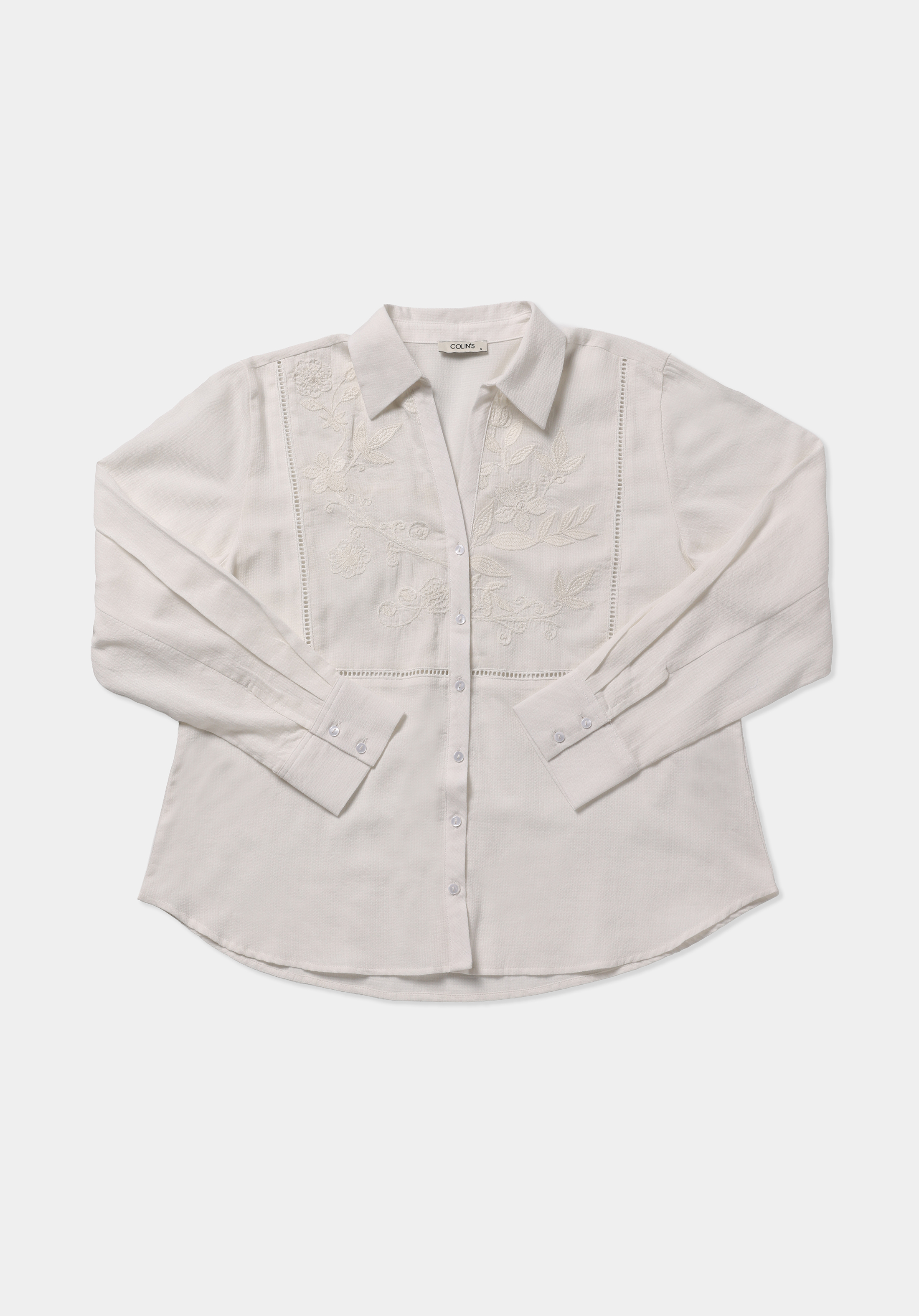 Fashion Fit Shirt Neck Nakışlı Kadın Beyaz Uzun Kol Gömlek