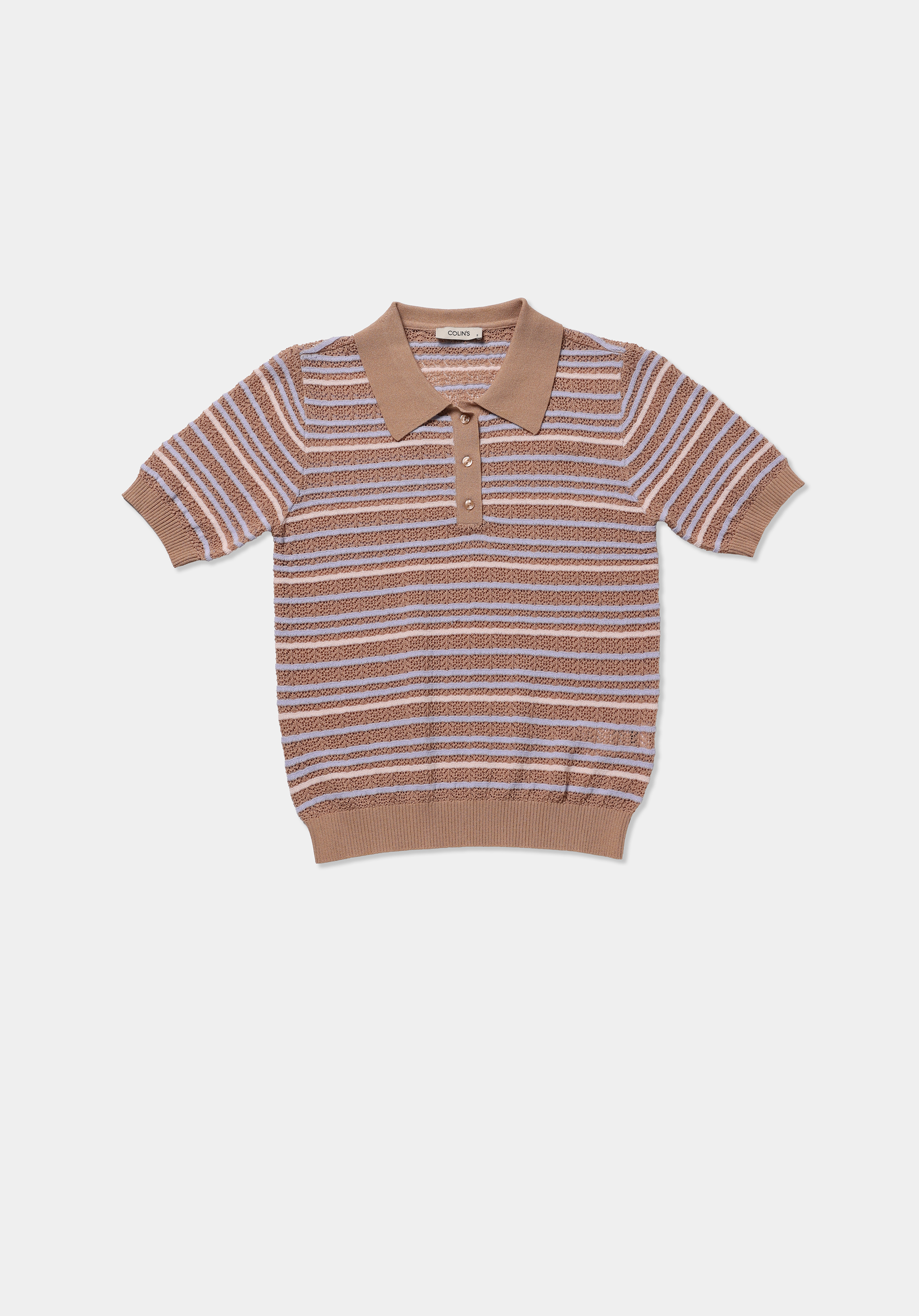 Slim Fit Polo Yaka Çizgili Kadın Bej Kısa Kol Kazak