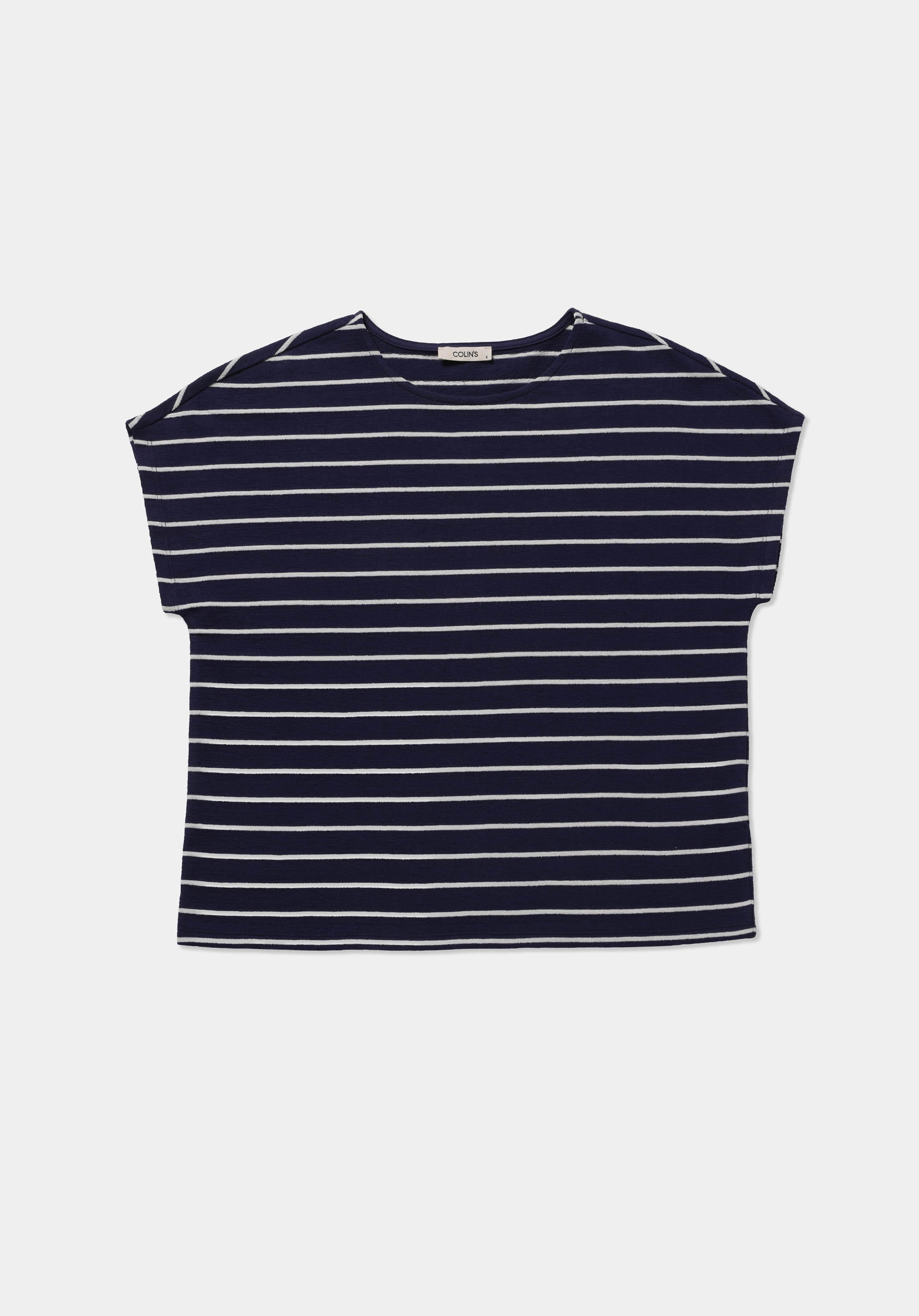 Regular Fit Yuvarlak Yaka Çizgili Kadın Lacivert Kısa Kol Tişört