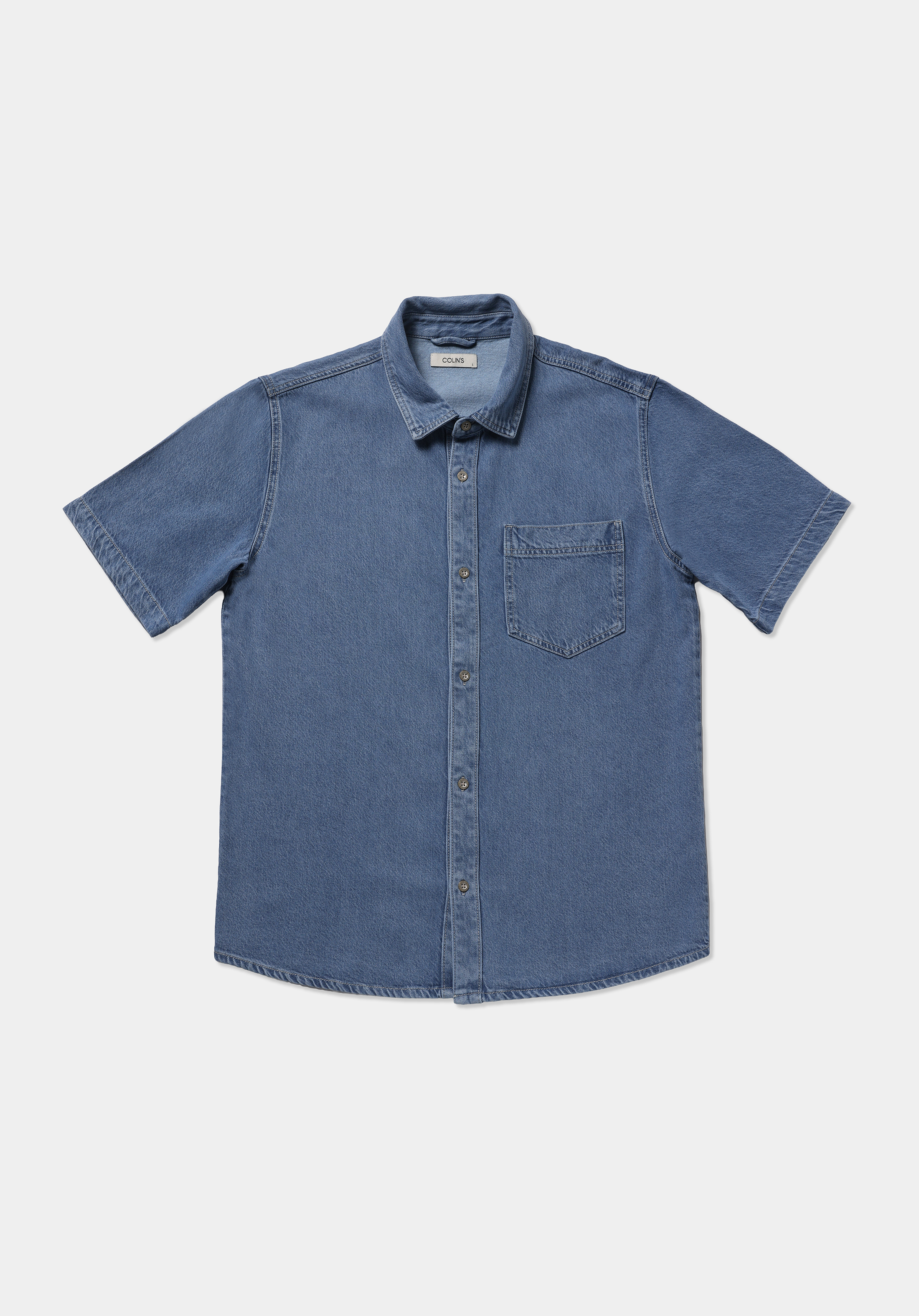 Regular Fit Klasik Yaka Düz Erkek Light İndigo Denim Kısa Kol Gömlek