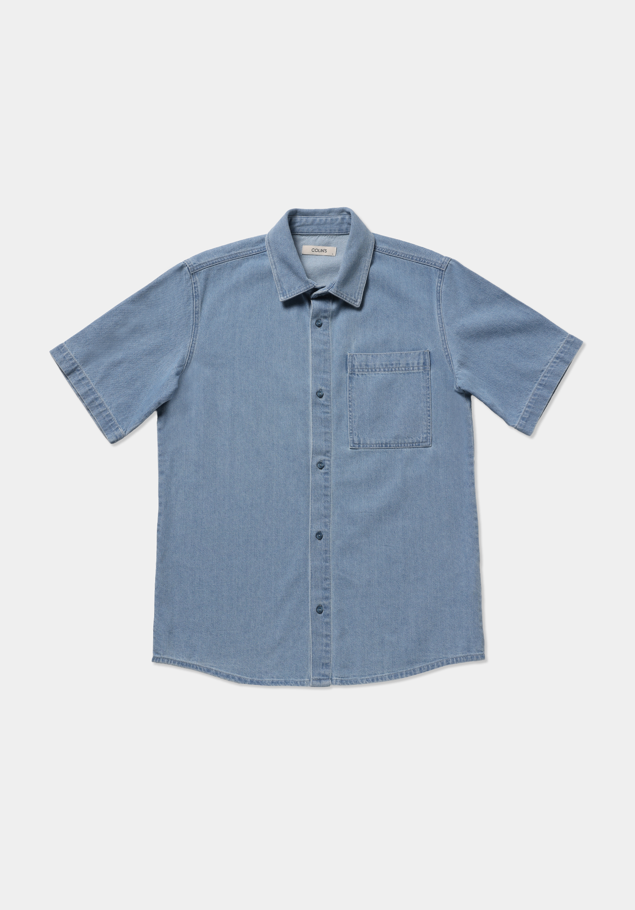 Regular Fit Klasik Yaka Düz Erkek Light İndigo Denim Kısa Kol Gömlek