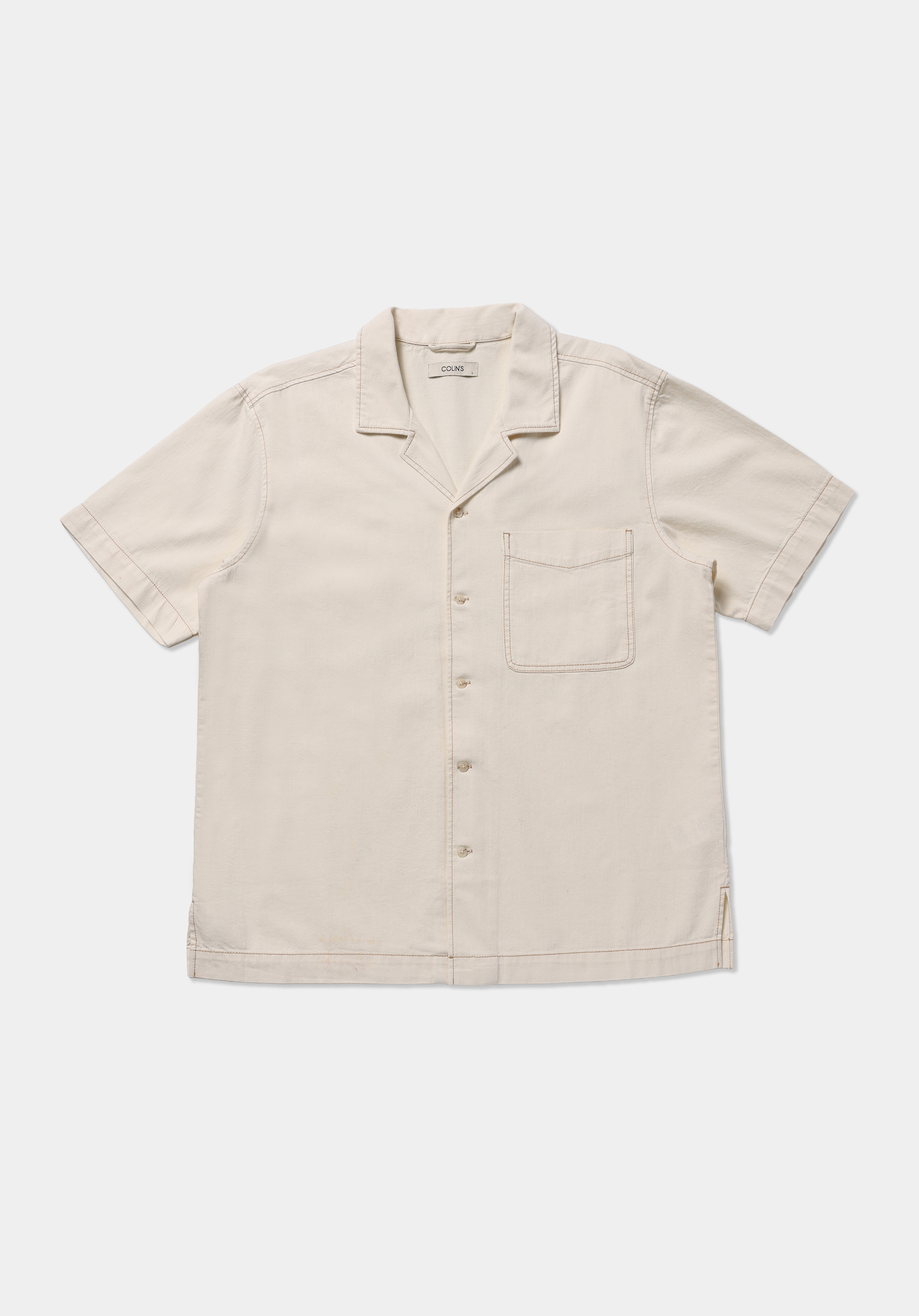 Oversize Fit Klasik Yaka Düz Erkek Ecru Denim Kısa Kol Gömlek