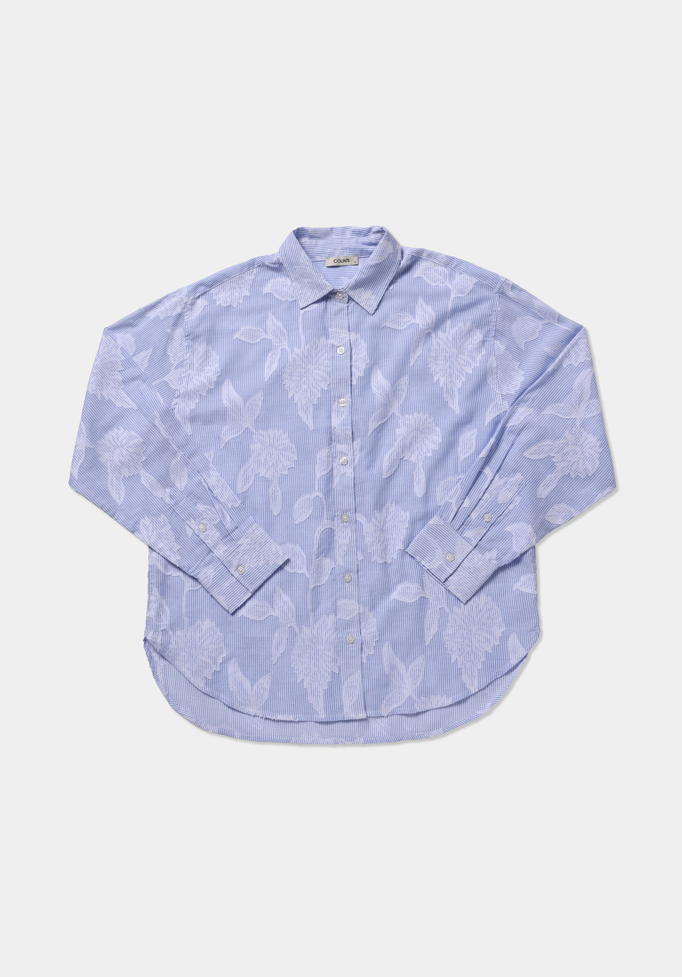 Boyfriend Fit Shirt Neck Jakarlı Kadın Mavi Uzun Kol Gömlek