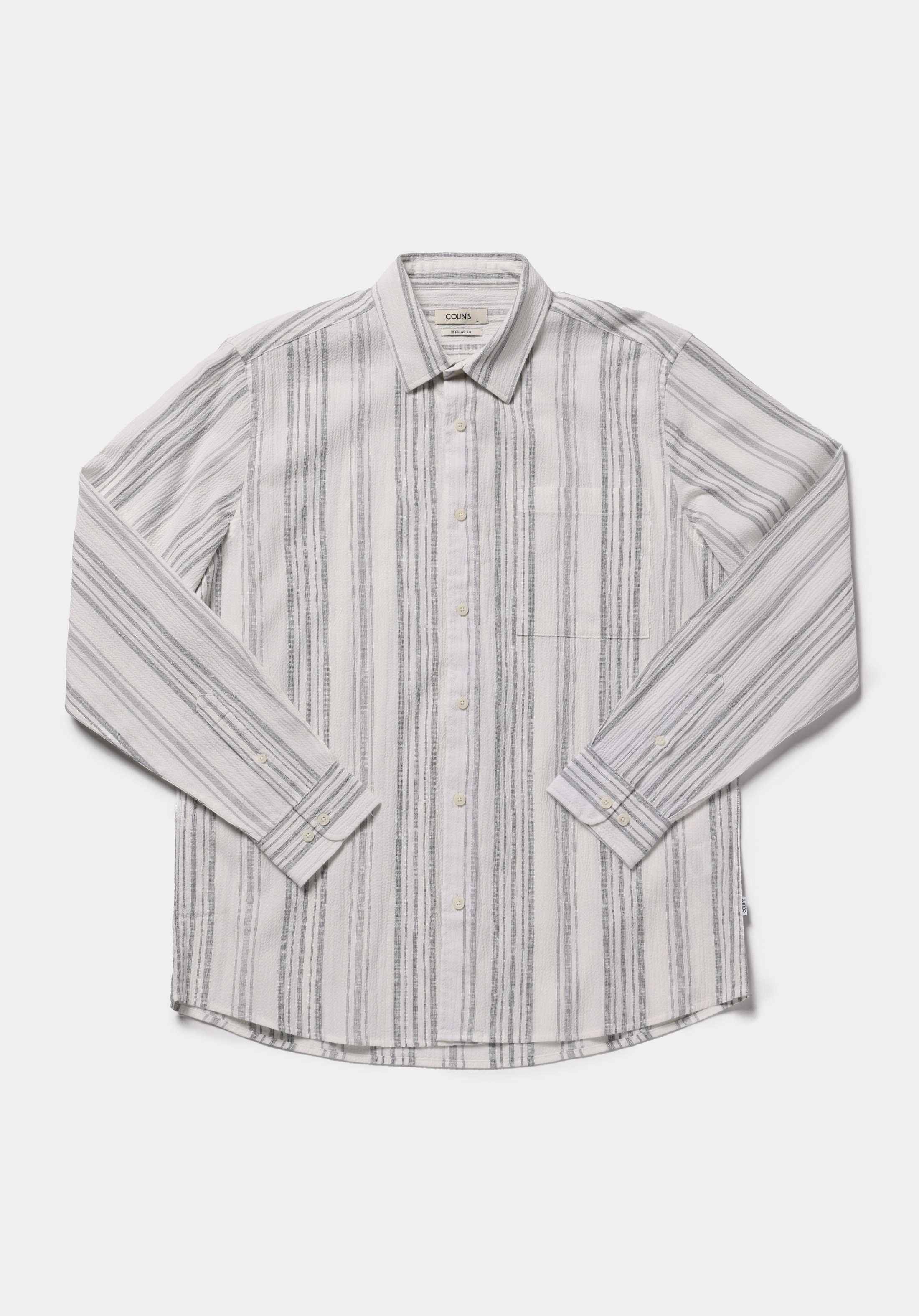 Regular Fit Shirt Neck Çizgili Erkek Antrasit Uzun Kol Gömlek