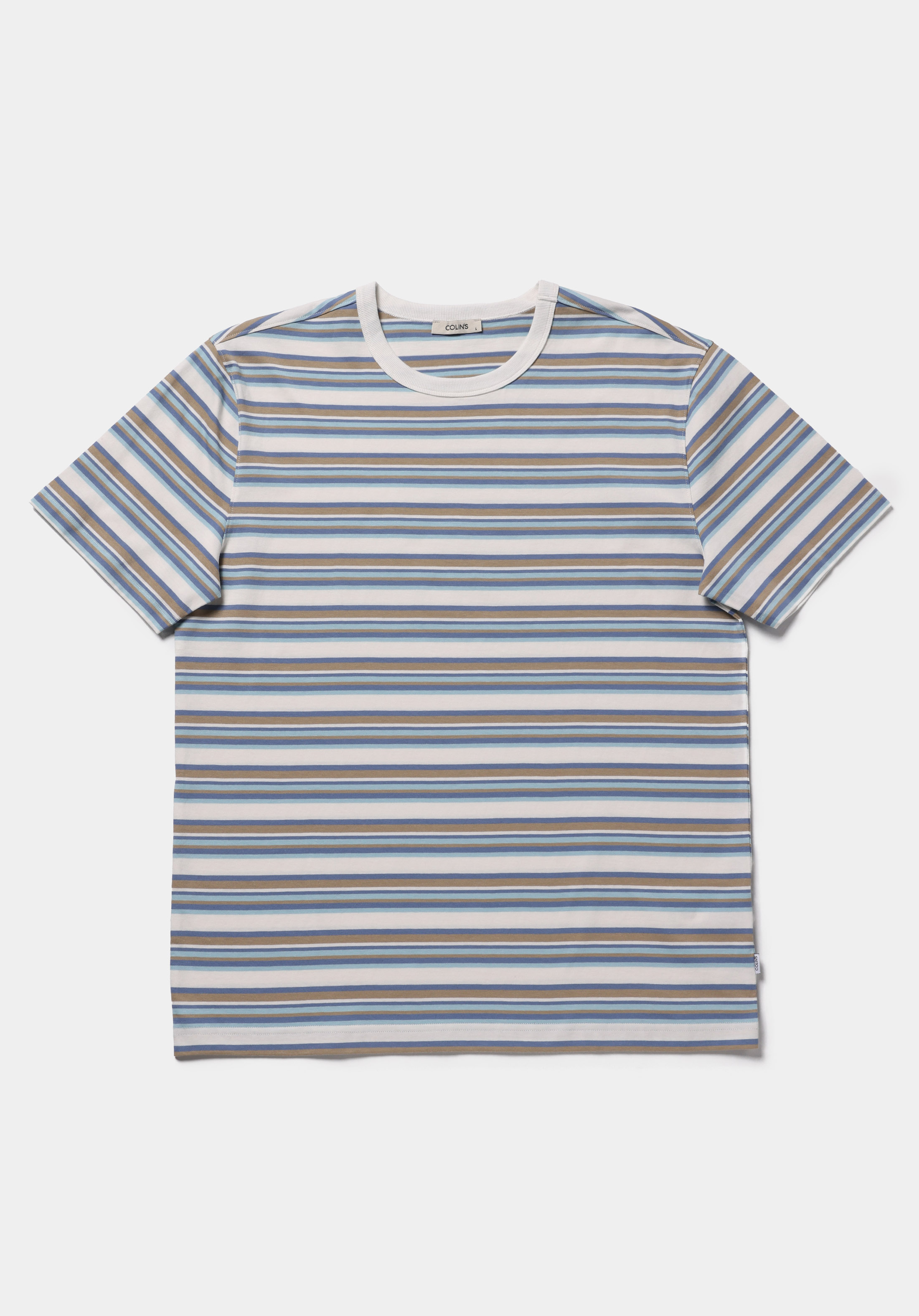 Comfort Fit Yuvarlak Yaka Çizgili Erkek Beyaz Kısa Kol Tişört