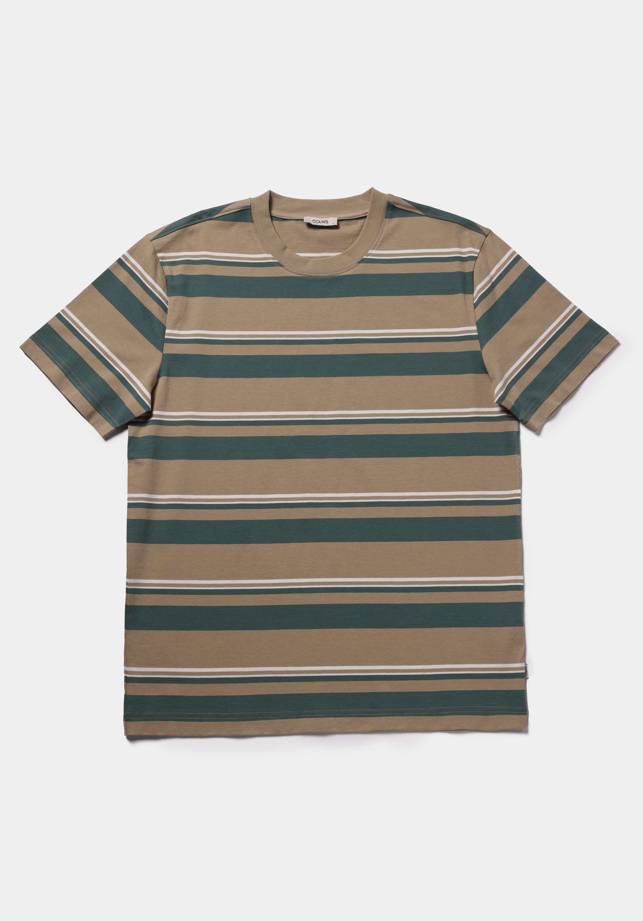 Comfort Fit Yuvarlak Yaka Çizgili Erkek Bej Kısa Kol Tişört