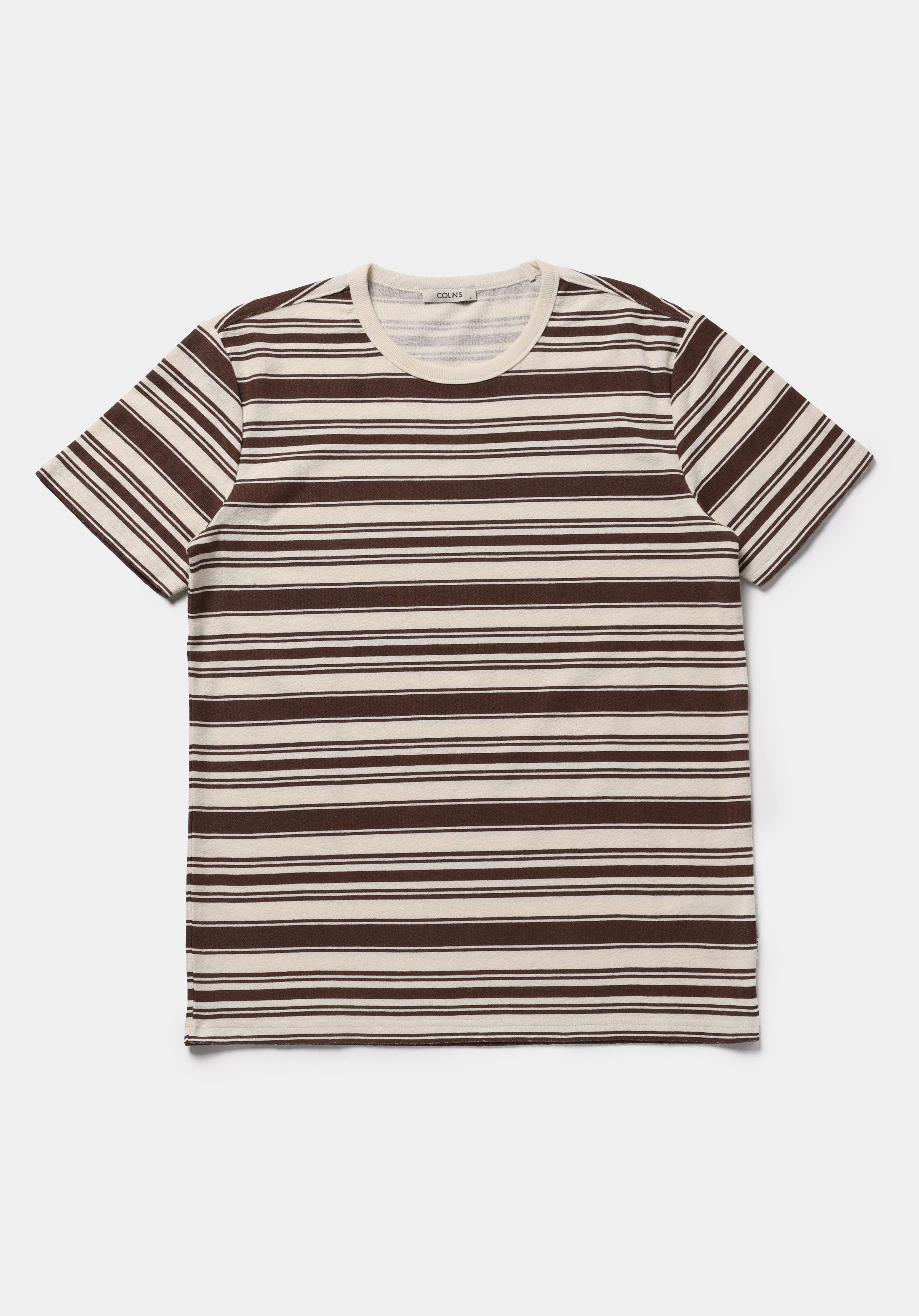 Regular Fit Yuvarlak Yaka Çizgili Erkek Kahverengi Kısa Kol Tişört