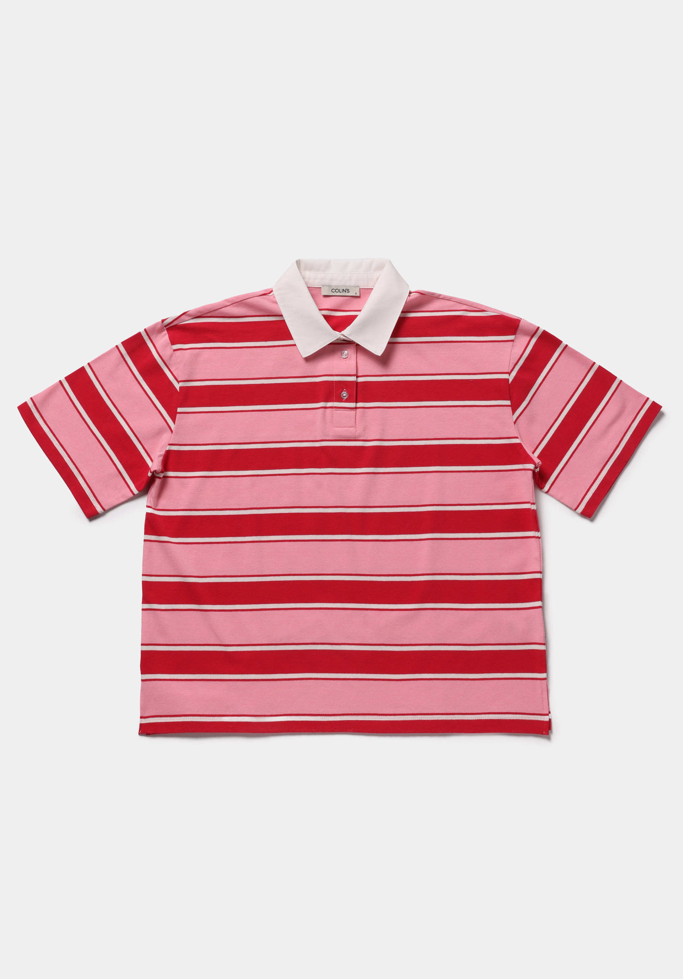 Regular Fit Polo Yaka Çizgili Kadın Kirmizi Kısa Kol Tişört