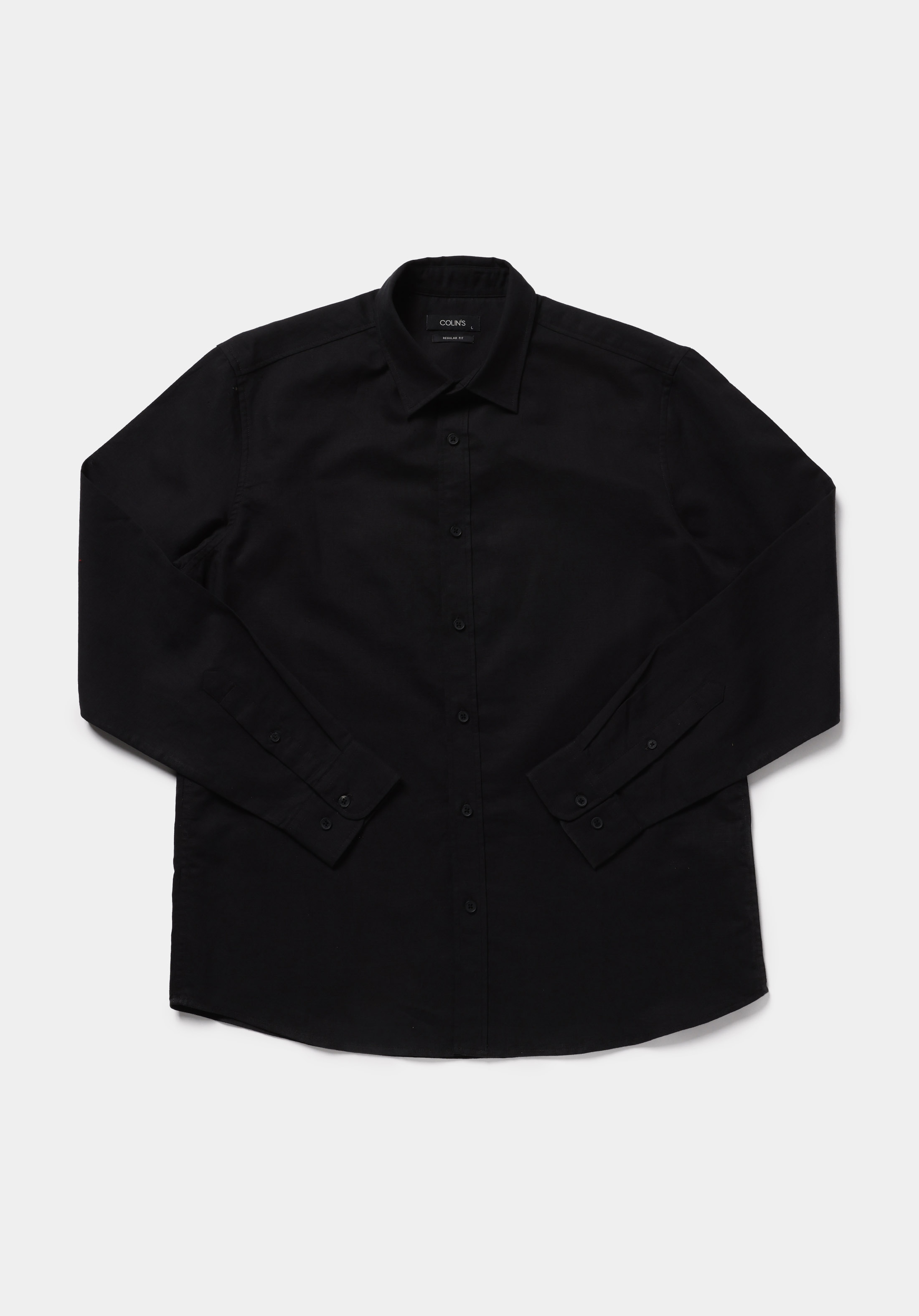 Regular Fit Shirt Neck Düz Erkek Siyah Uzun Kol Gömlek