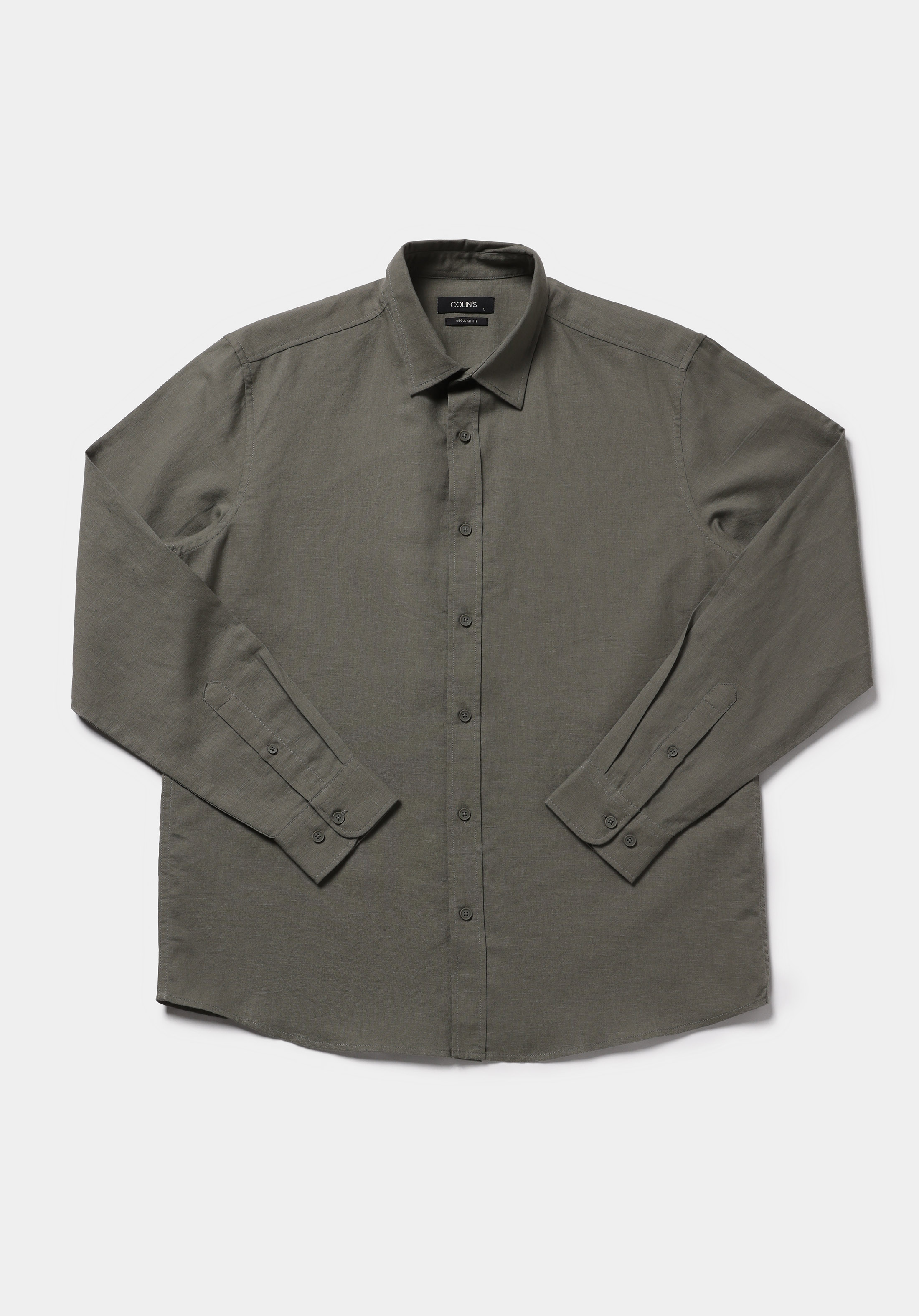 Regular Fit Shirt Neck Düz Erkek Yeşil Uzun Kol Gömlek