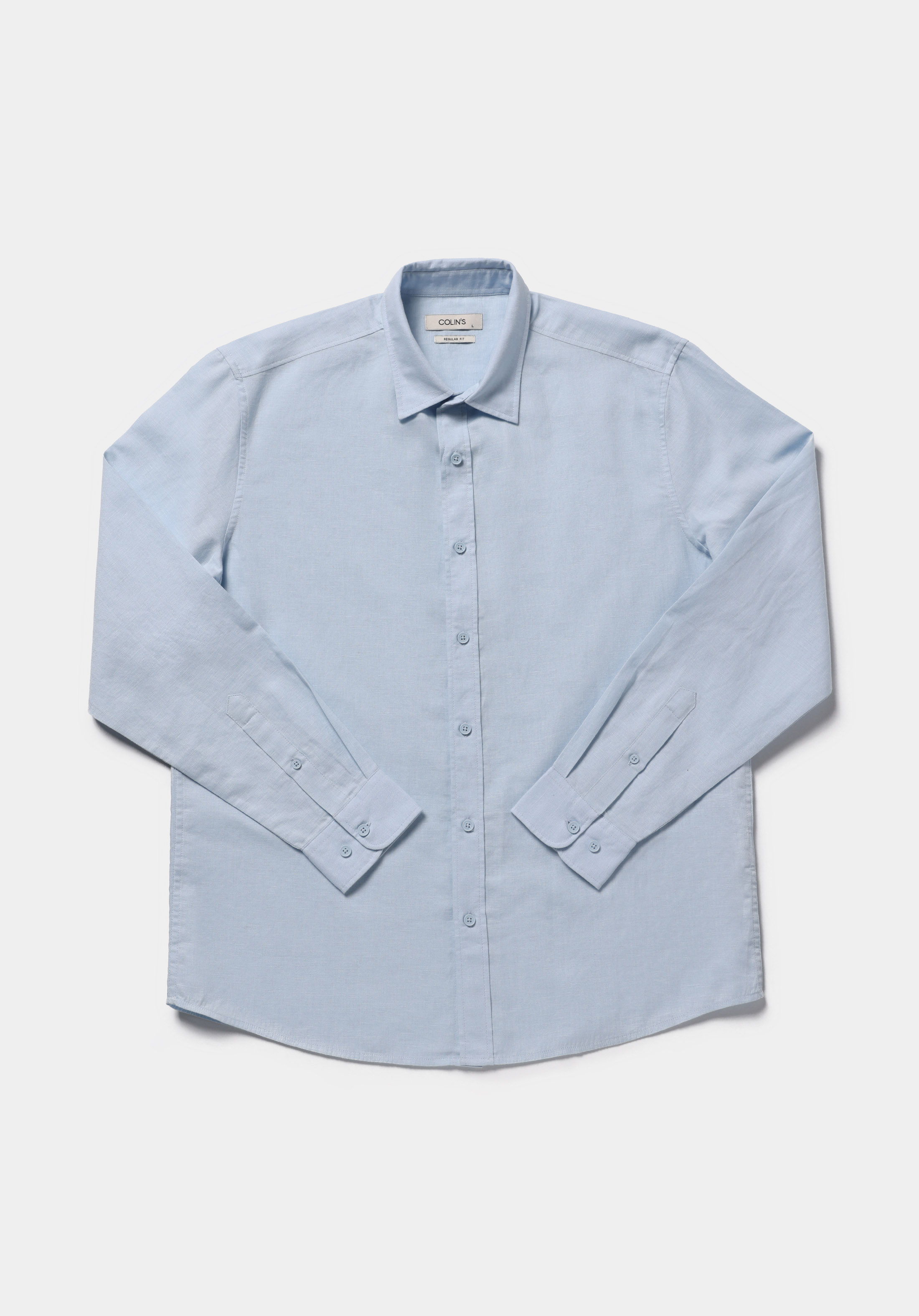 Regular Fit Shirt Neck Düz Erkek Mavi Uzun Kol Gömlek