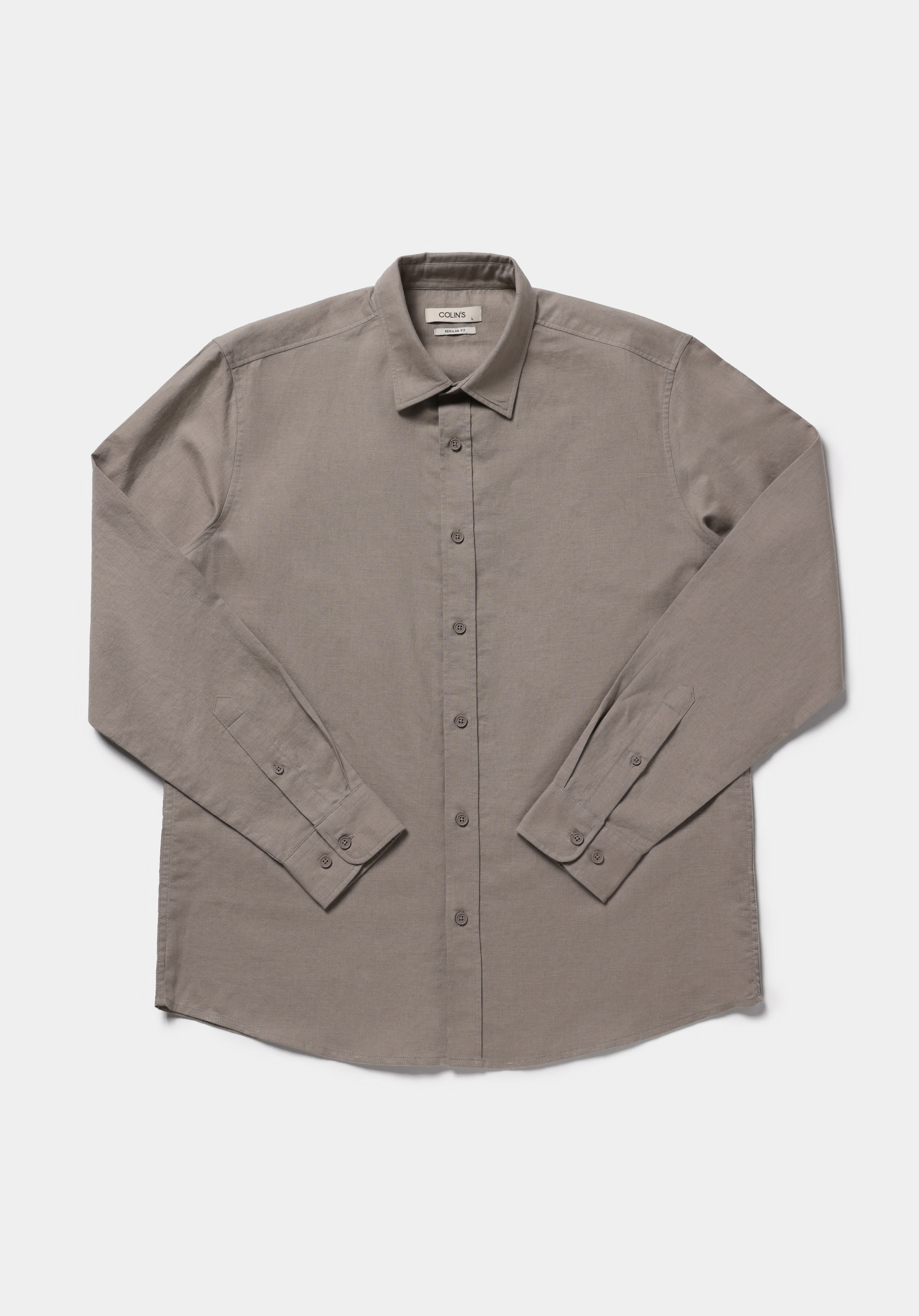 Regular Fit Shirt Neck Düz Erkek Kahverengi Uzun Kol Gömlek