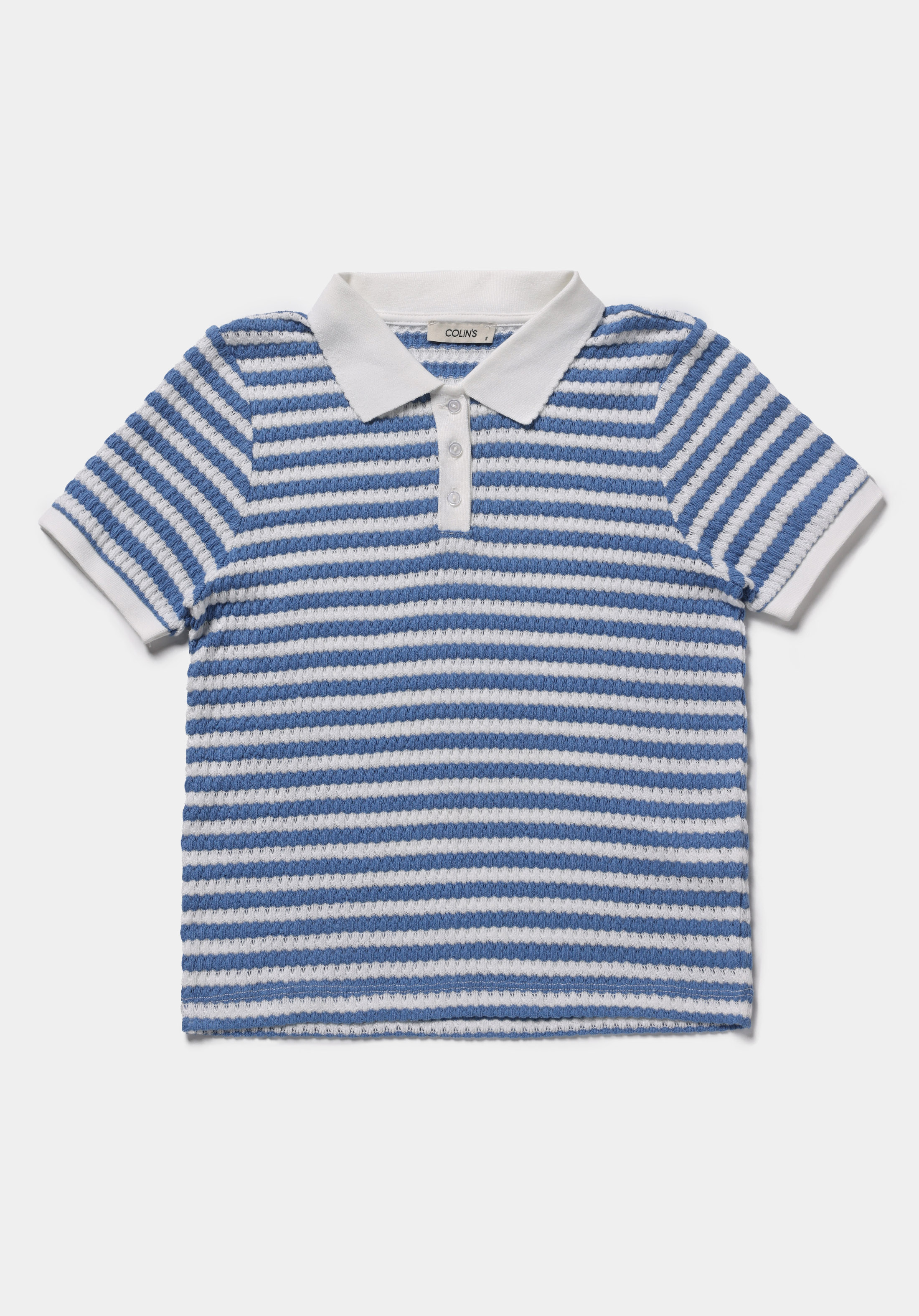 Slim Fit Polo Yaka Çizgili Kadın Mavi Kısa Kol Tişört