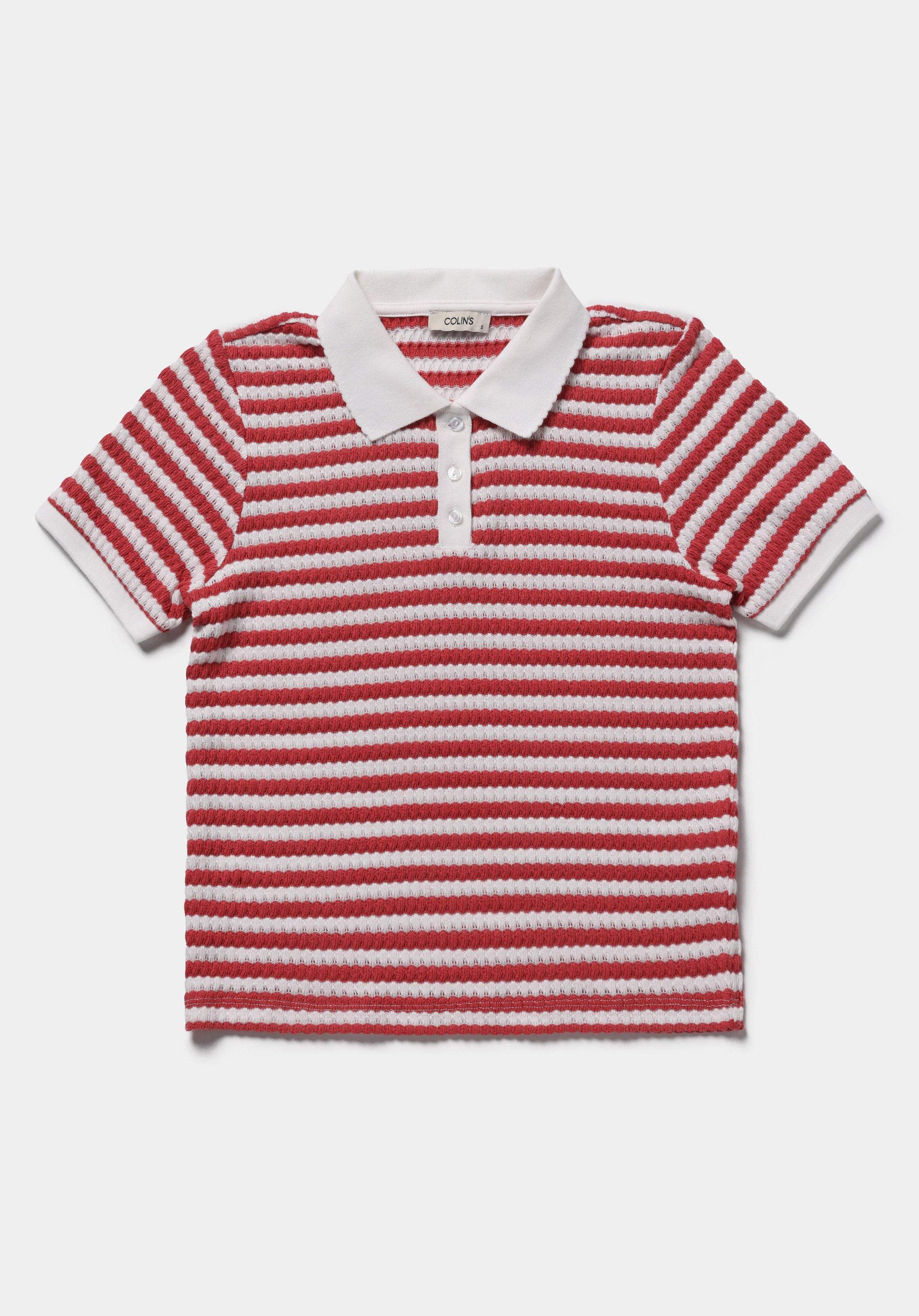 Slim Fit Polo Yaka Çizgili Kadın Kirmizi Kısa Kol Tişört